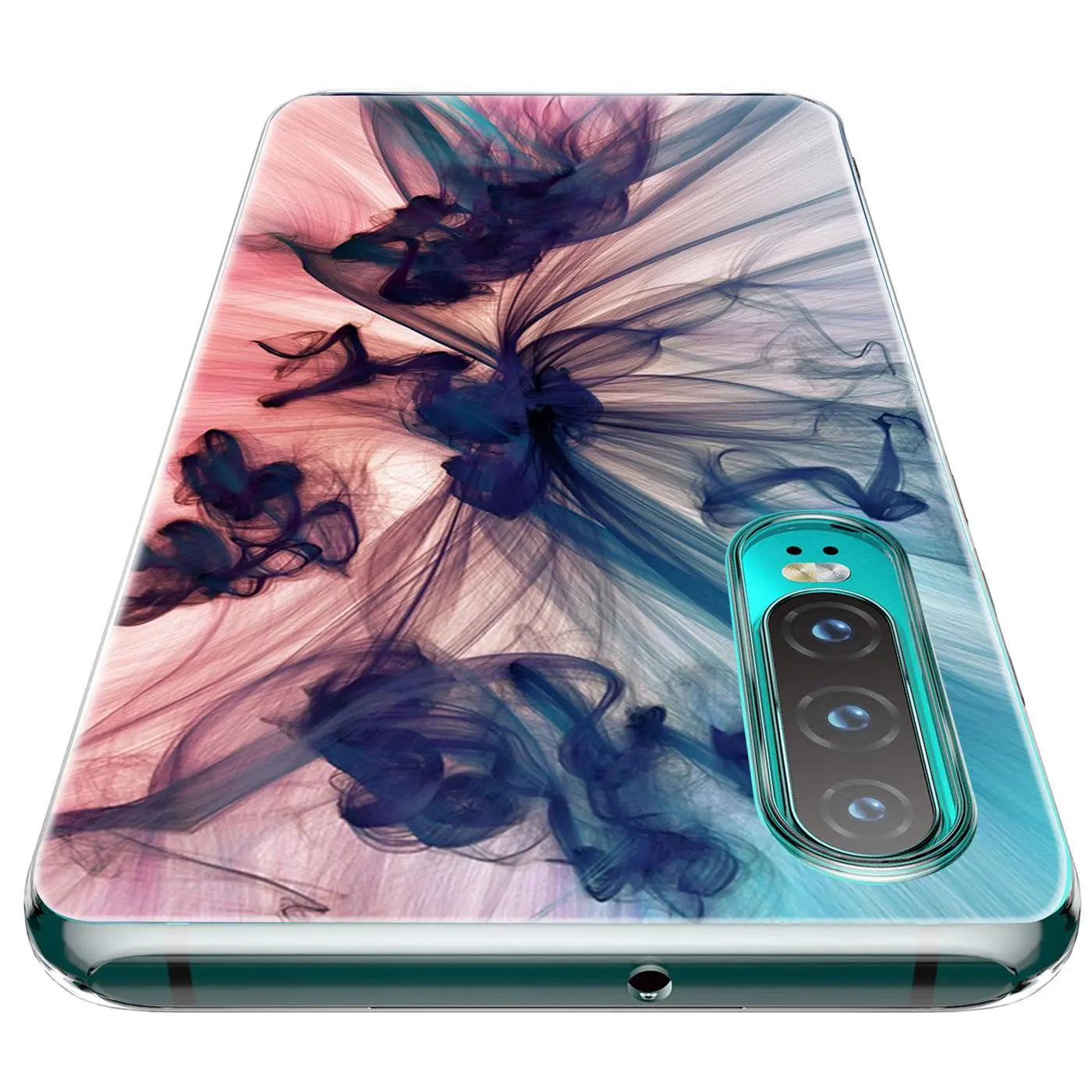 TPU Hülle mit blau-pinkem Rauchmotiv, Huawei P40, von oben schräg