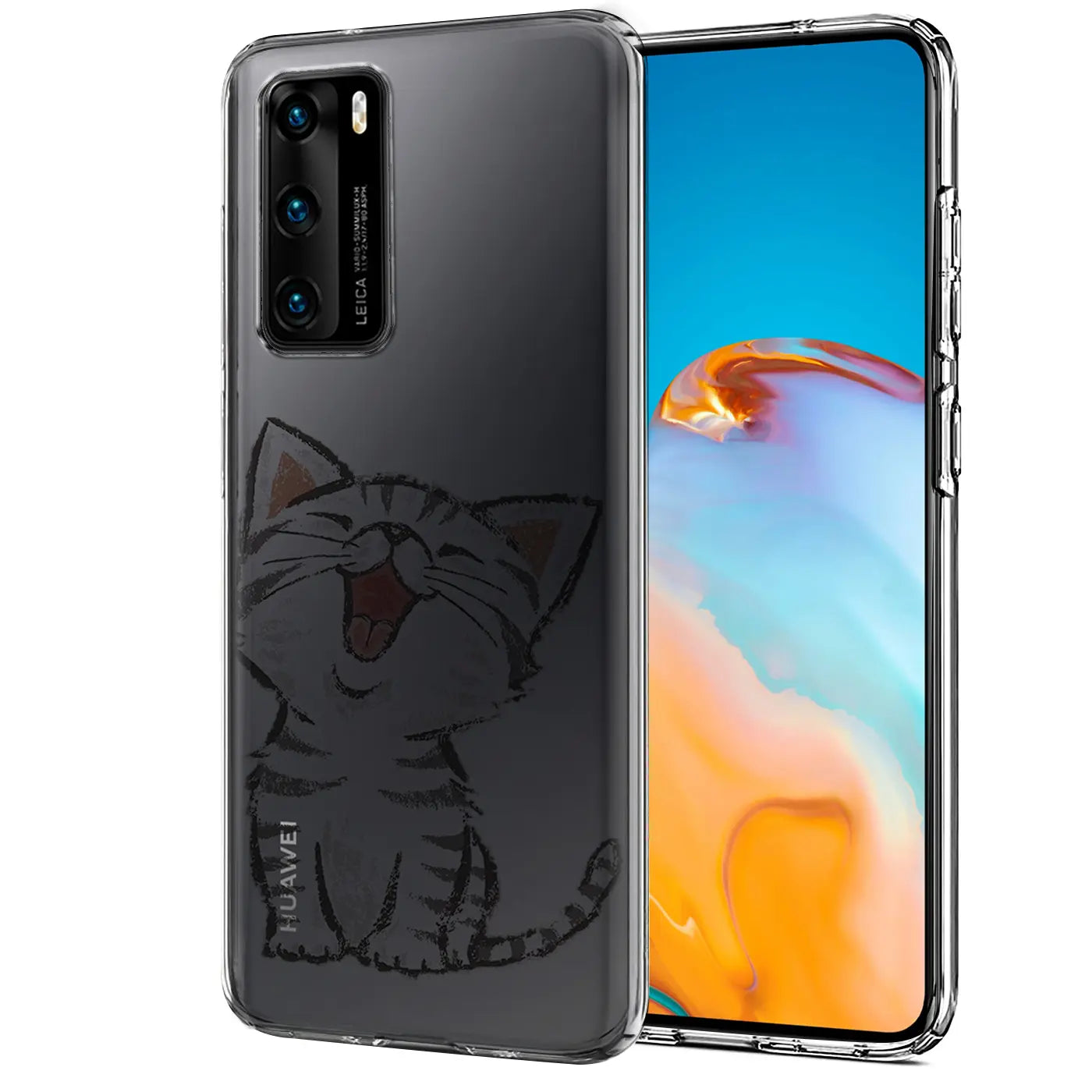 Transparente TPU-Hülle mit Katzenmotiv für Huawei P40, von vorne/leicht schräg
