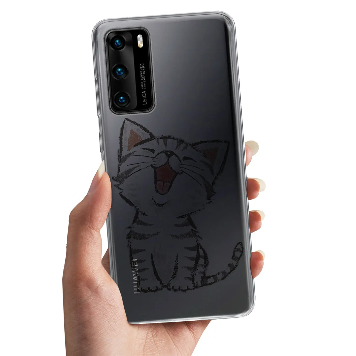 Transparente TPU-Hülle mit Katzenmotiv für Huawei P40, von vorne gehalten