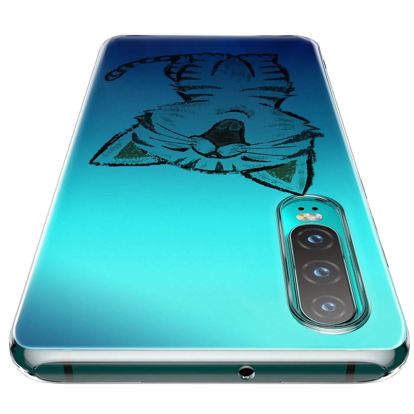 TPU-Hülle für Huawei P40, blau, mit Katzenmotiv, von oben schräg gezeigt.