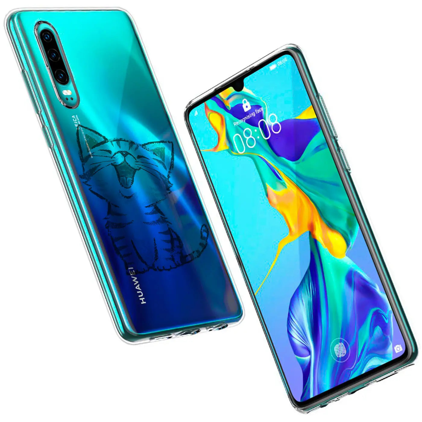 Zwei Huawei P40 Pro mit Katzenmotiv-Hülle, TPU, schräg von vorne/hinten