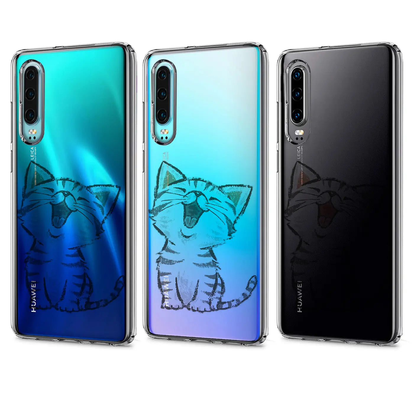 Drei Huawei P40 Hüllen aus TPU mit Katzenmotiv, von vorn, blau/grün, blau/lila, schwarz