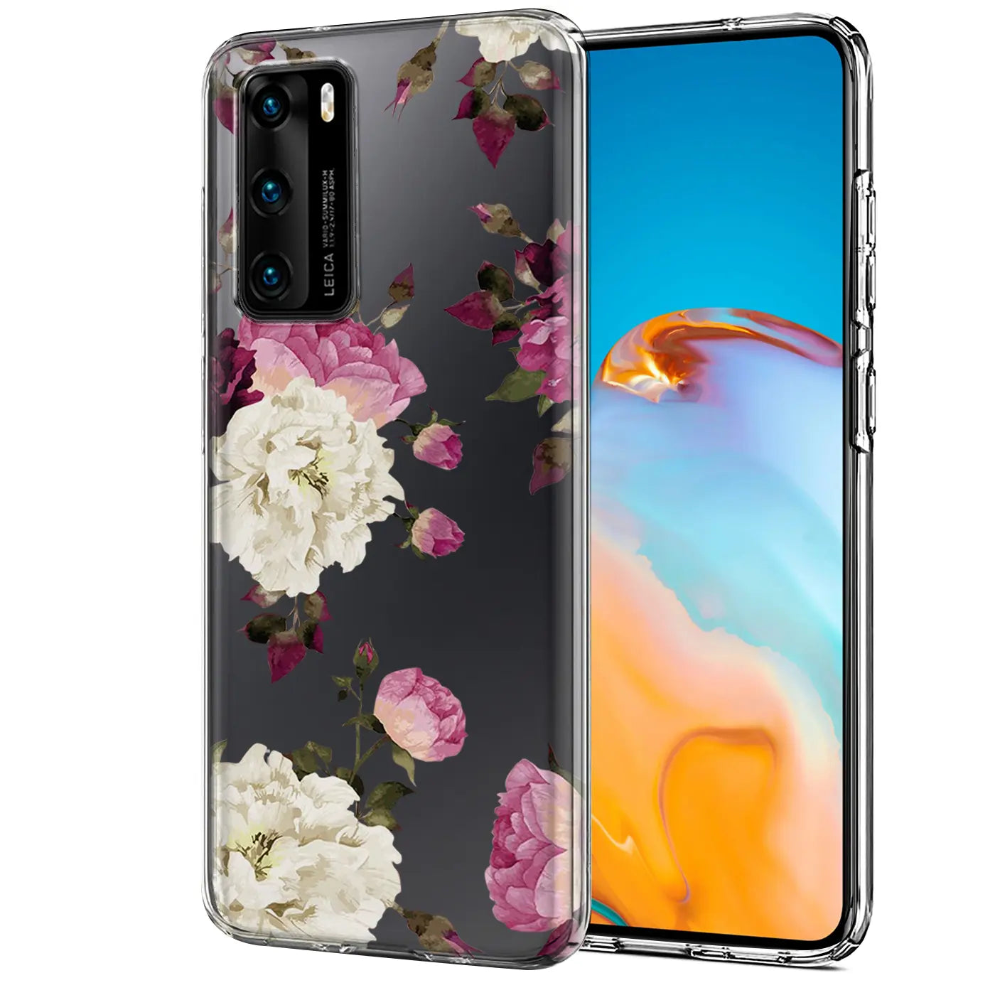 Transparente TPU-Hülle mit Blumenmuster für Huawei P40, von schräg vorne