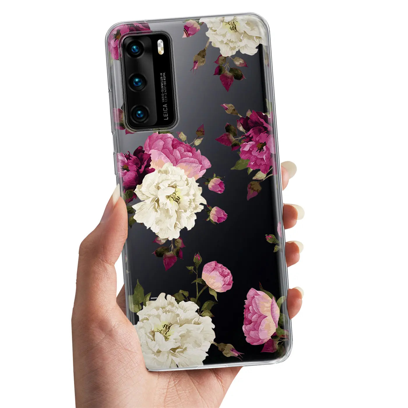Huawei P40 mit floraler TPU-Hülle, von vorne gehalten, Nahaufnahme