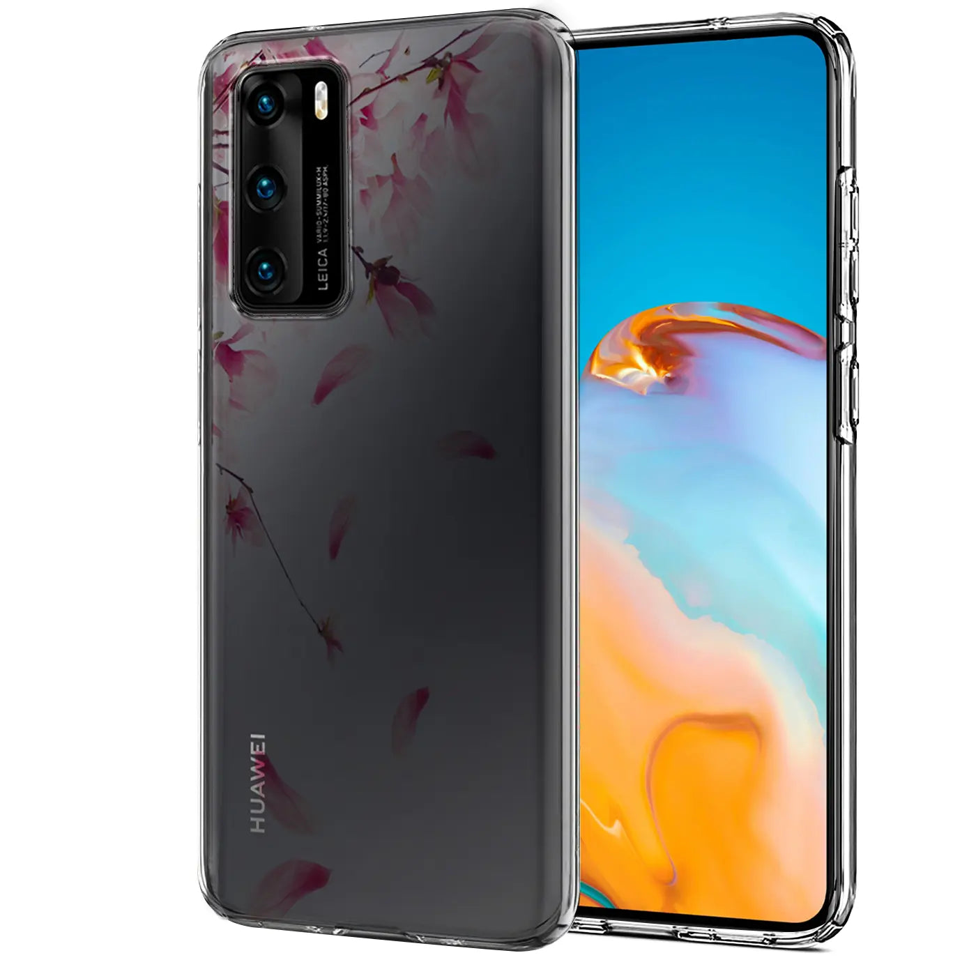 Transparente TPU-Hülle mit rosa Blütenmotiv für Huawei P40, von vorne/seitlich