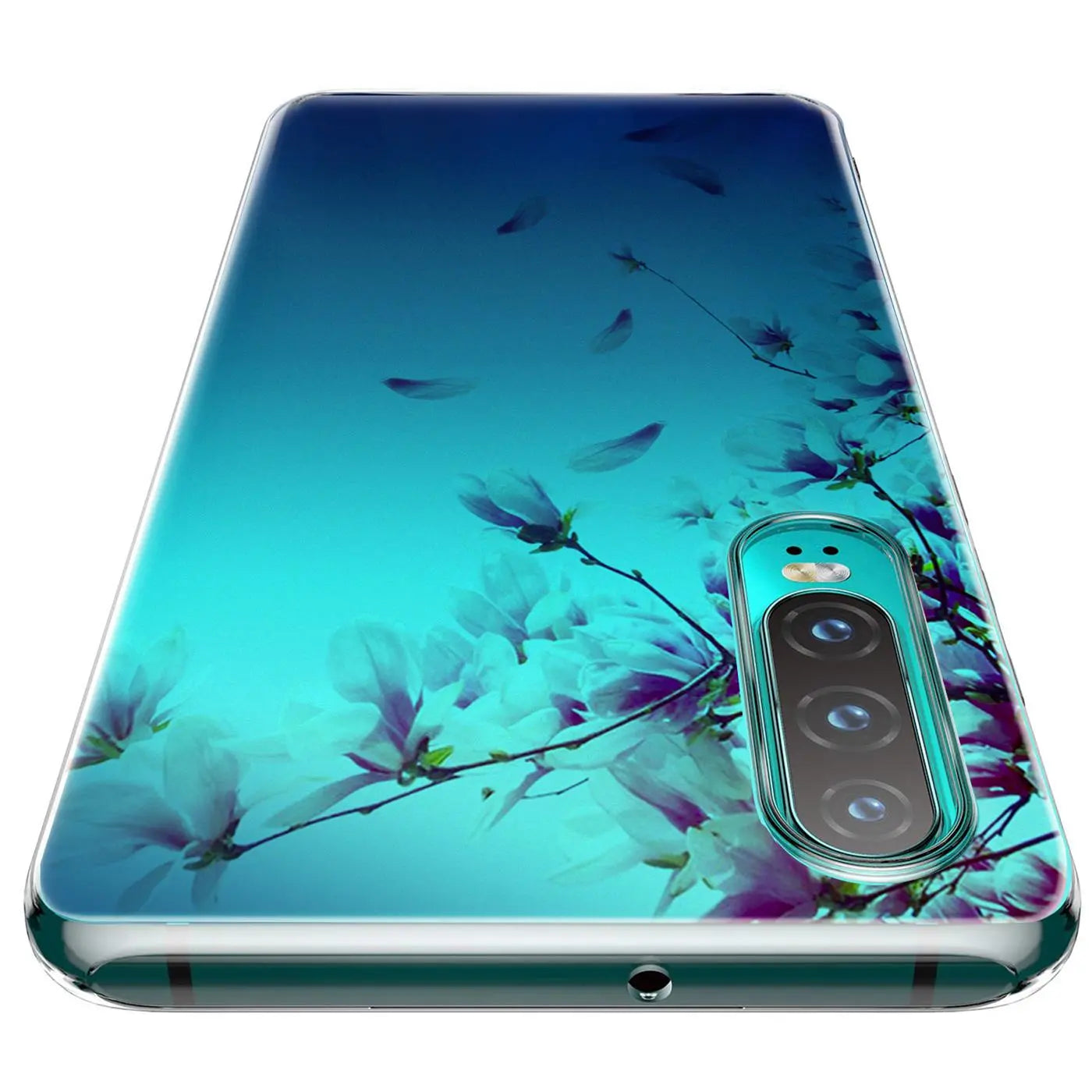 TPU-Hülle für Huawei P40, blau, Blütenmotiv, von oben schräg