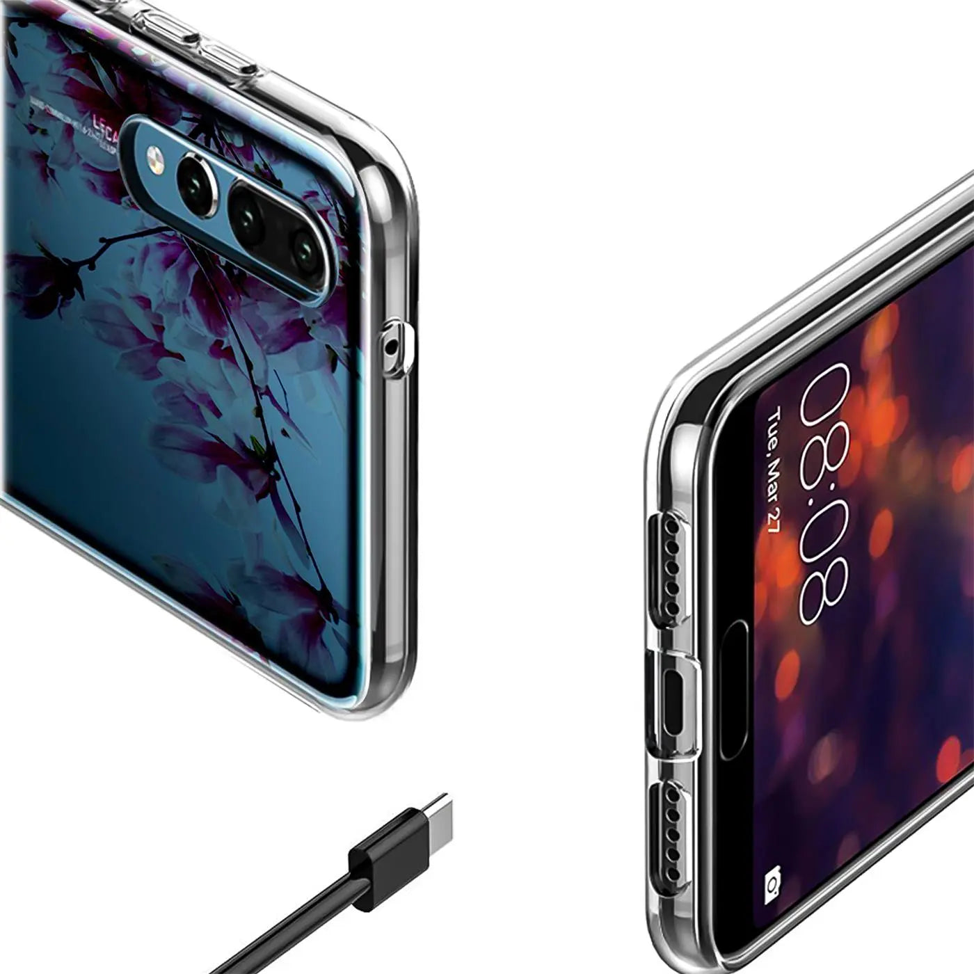 TPU Hülle mit Blumenmotiv für Huawei P40 Pro, von schräg oben, transparent mit Druck.