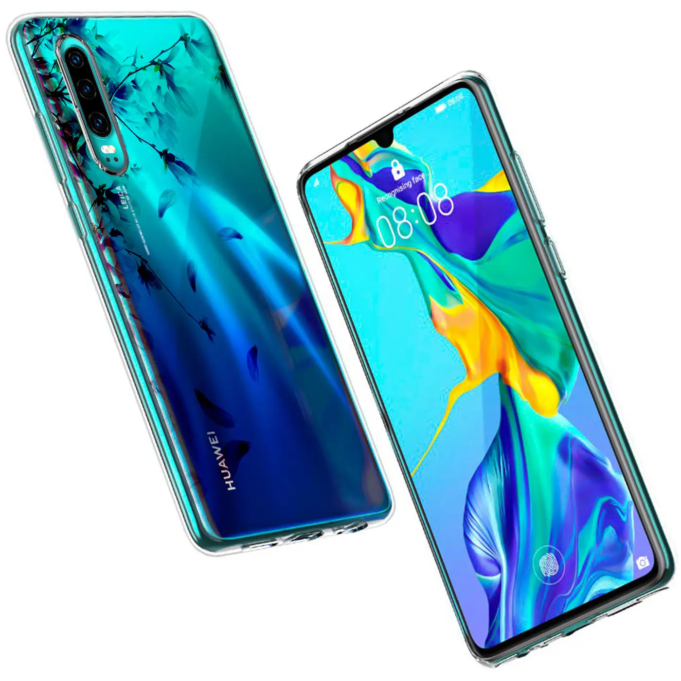Huawei P40 TPU Hülle, transparent mit blau-grünem Blattmotiv, von vorne und hinten gezeigt.