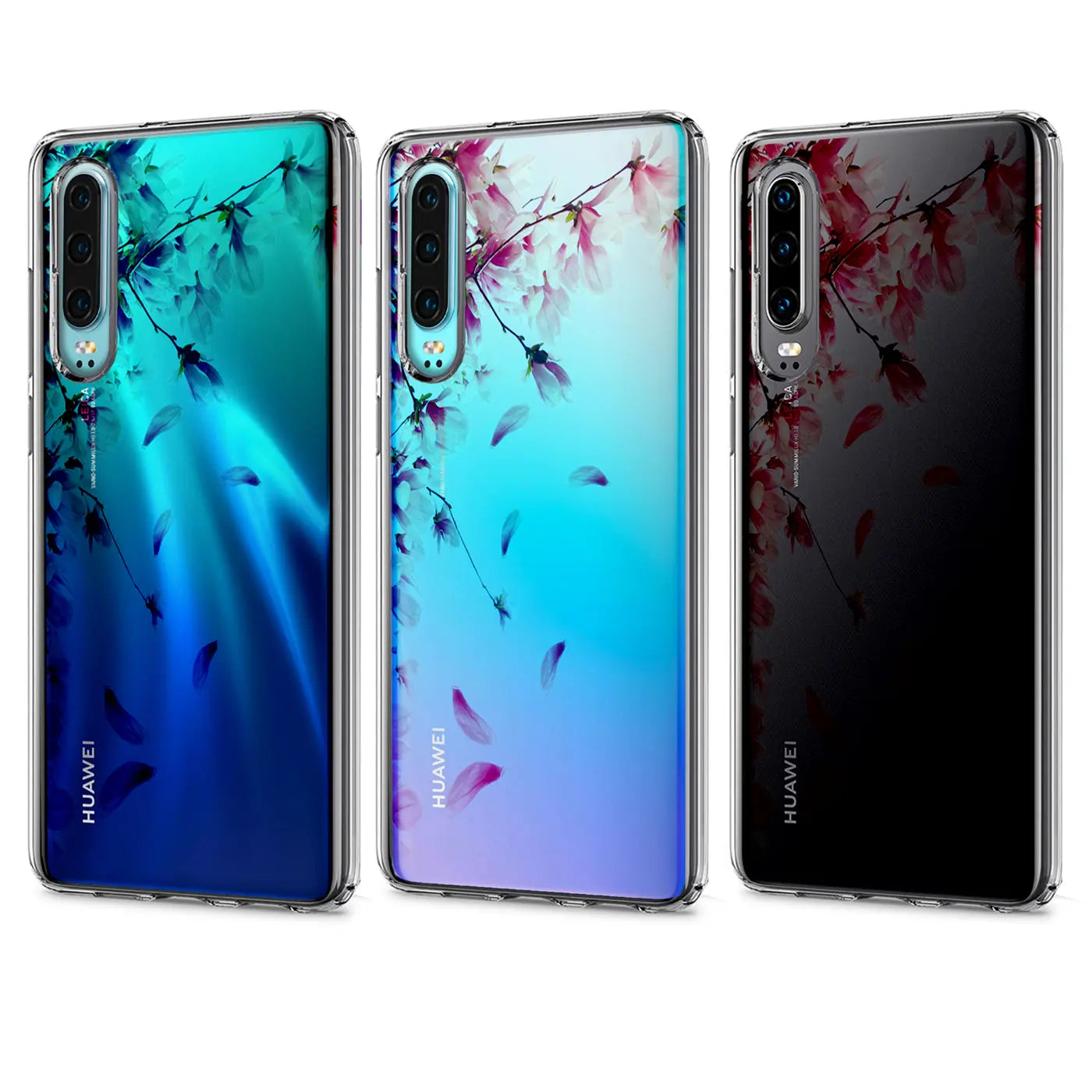 Drei Huawei P40 Hüllen aus TPU, von vorne, mit Blütenmotiv in Blau, Blau-Lila und Schwarz.
