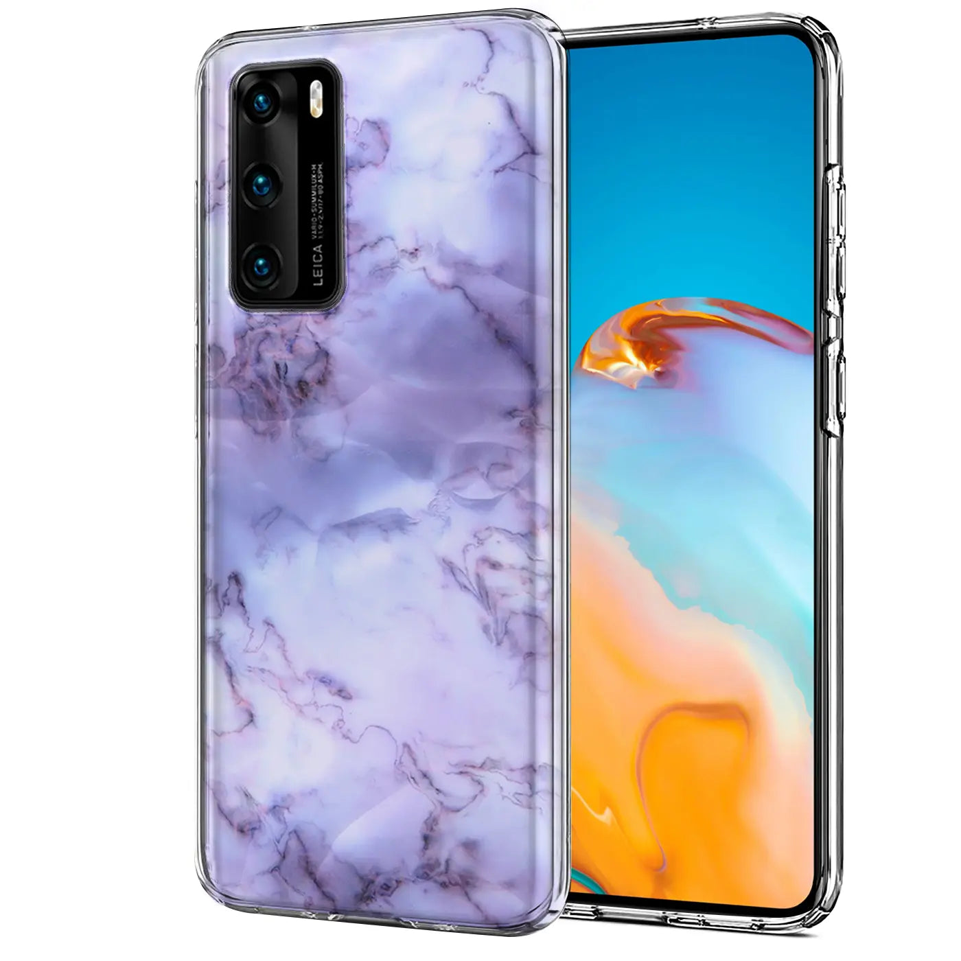 TPU Hülle mit Marmormuster in Lila/Grau, Vorder- und Rückansicht, Huawei P40