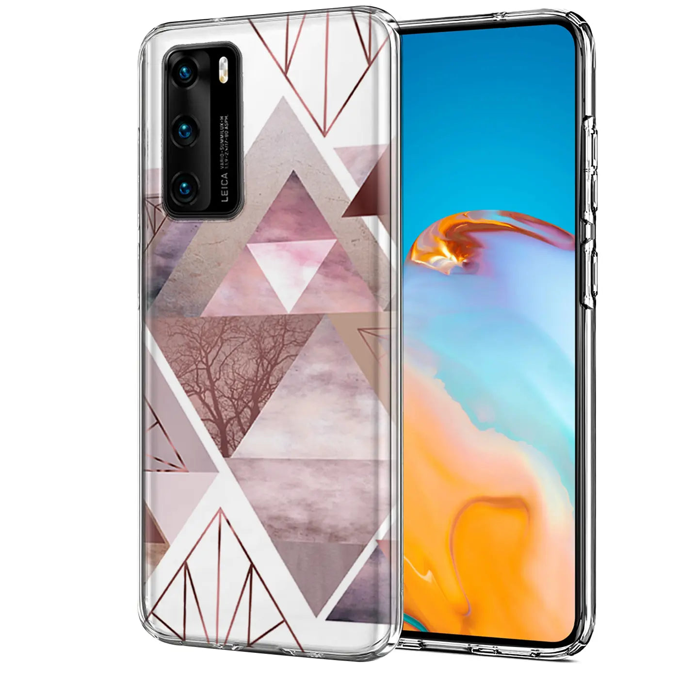 Huawei P40 mit transparenter TPU-Hülle, geometrisches Muster, Rosa/Grau, Vorderansicht