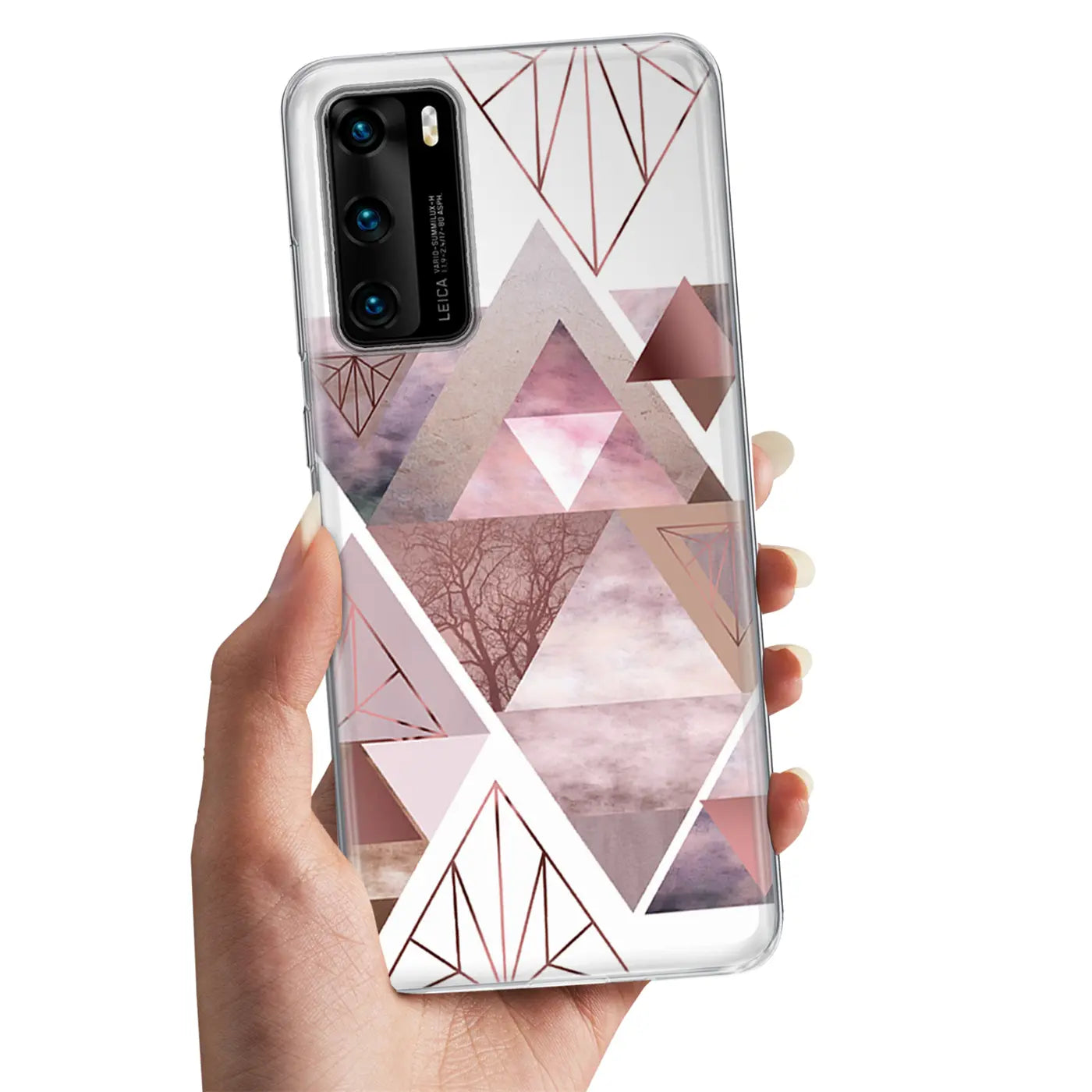 Hand hält Huawei P30 mit transparenter TPU-Hülle, geometrisches Muster, Rosa/Gold