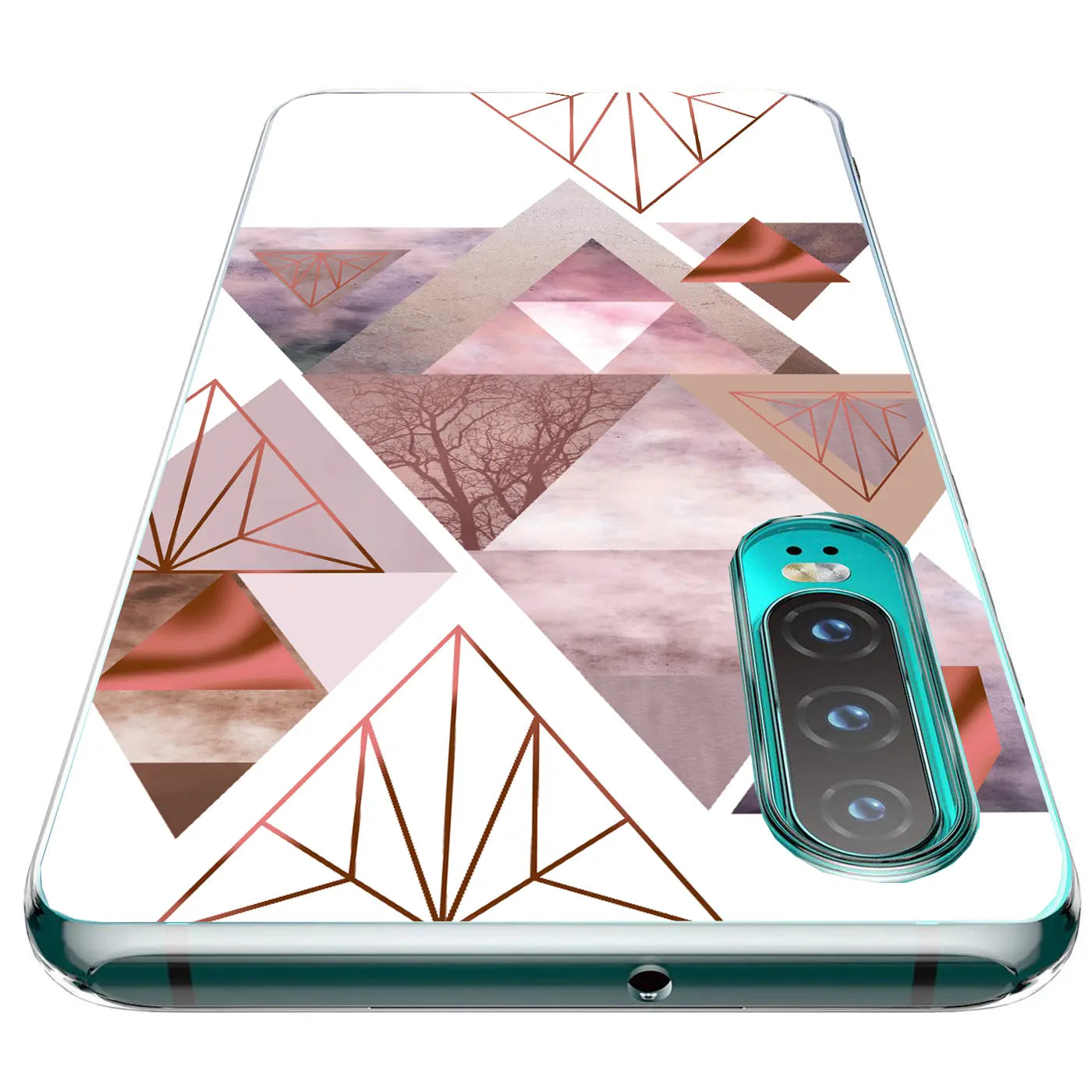 TPU Hülle mit geometrischem Motiv in Rosa/Kupfer auf Huawei P30, Draufsicht.