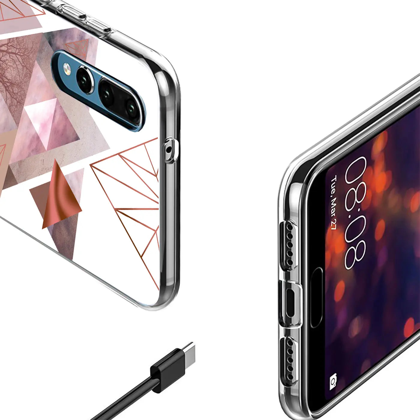 TPU-Hülle mit geometrischem Muster für Huawei P30, Nahaufnahme, transparent, rosa und kupferfarben.