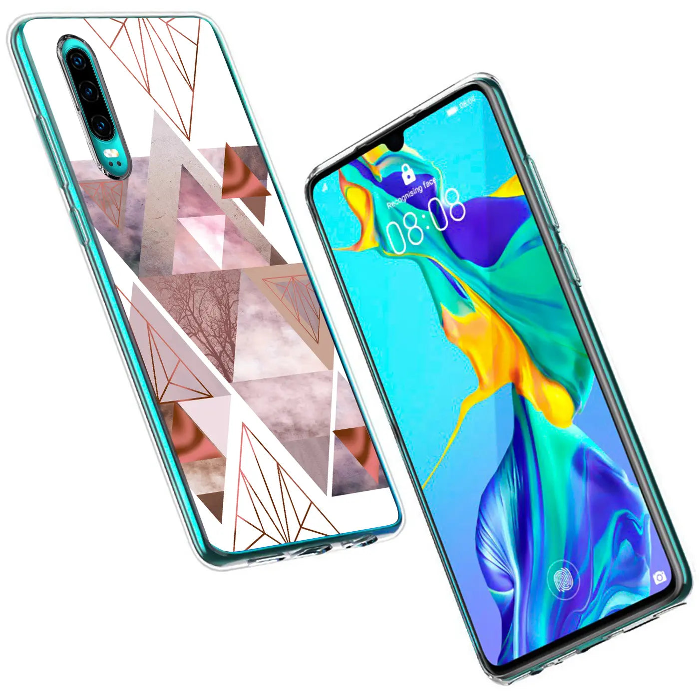 Huawei P30 mit geometrischem Muster, TPU-Hülle, von vorne und hinten gezeigt.