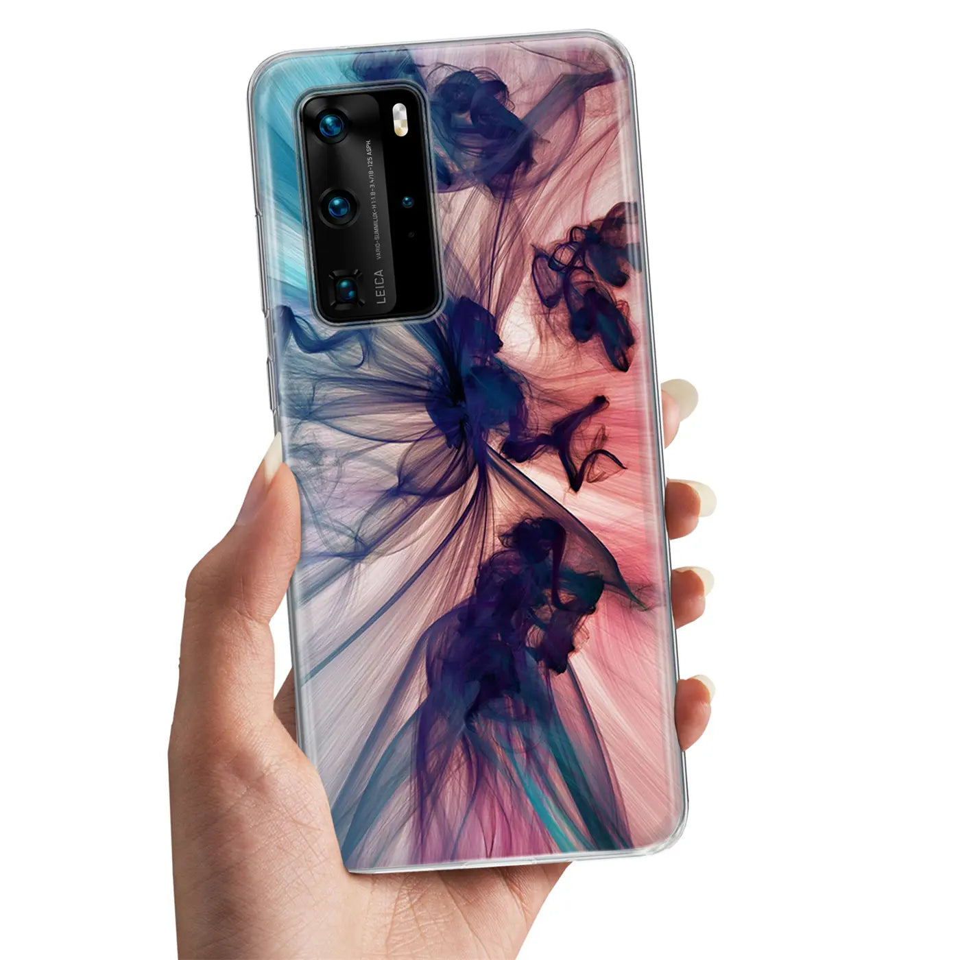TPU Hülle mit Rauch-Motiv, gehalten in der Hand, Huawei P40 Pro, von vorne
