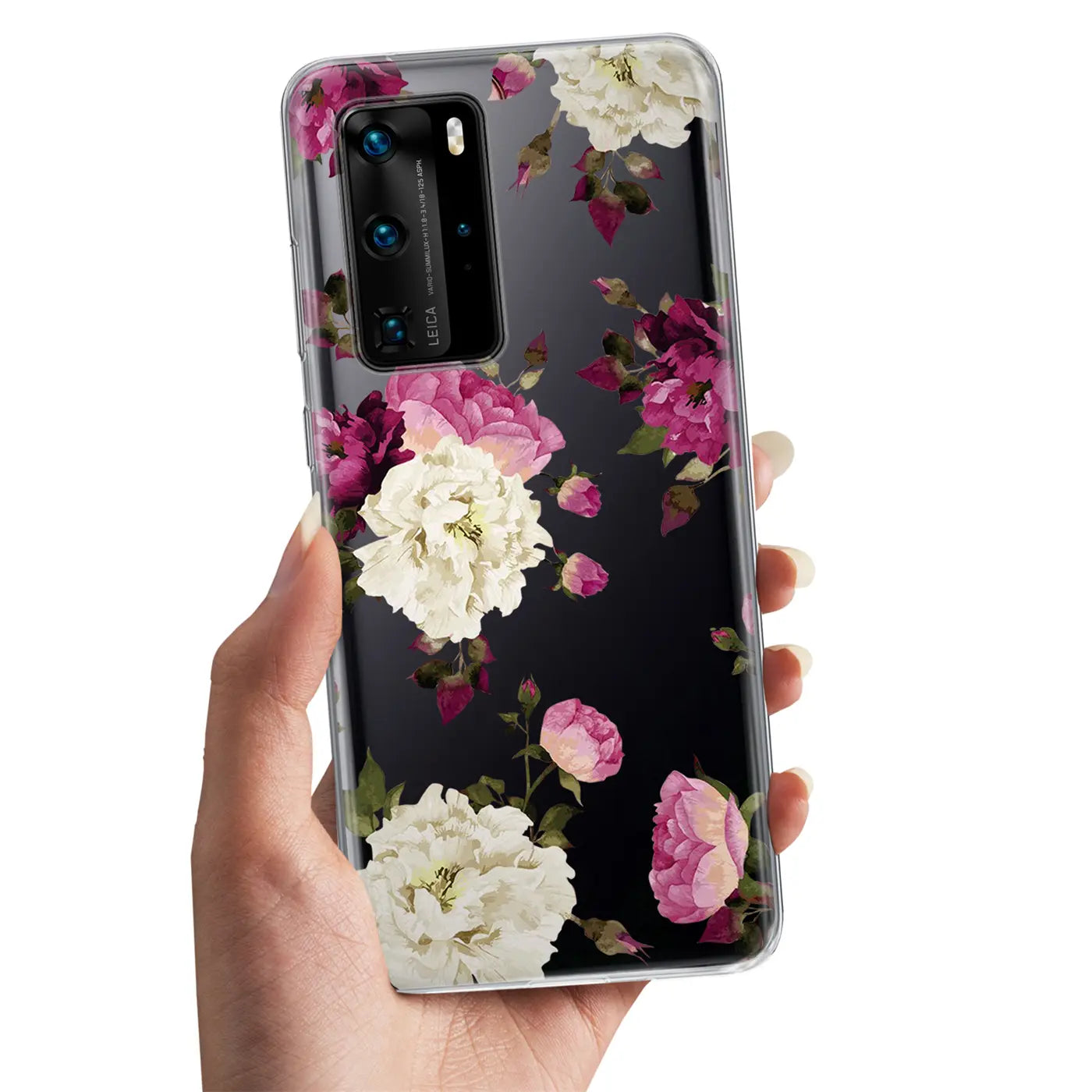TPU Hülle mit Blumenmuster für Huawei P40 Pro, von vorne gehalten, transparente Hülle.