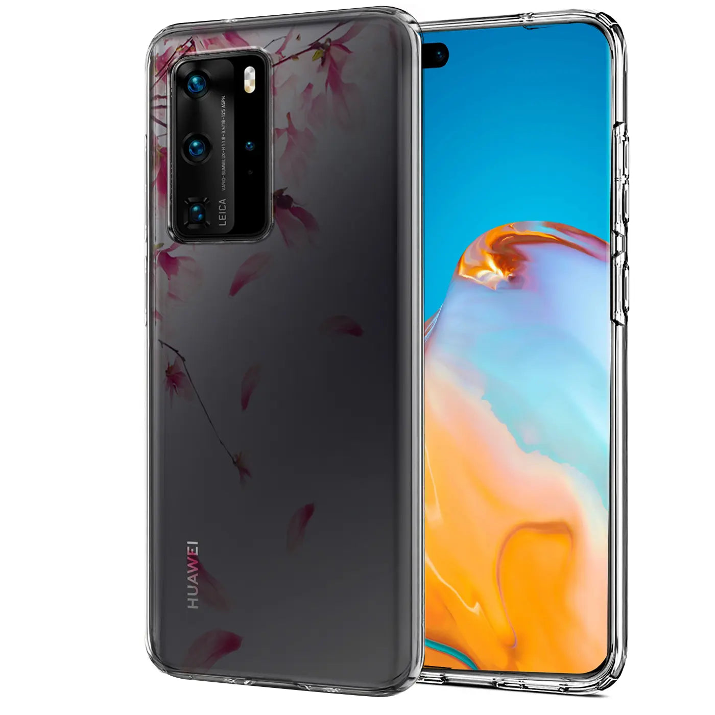 Transparente TPU-Hülle mit rosa Blütenmotiv für Huawei P40 Pro, Vorder- und Rückansicht.