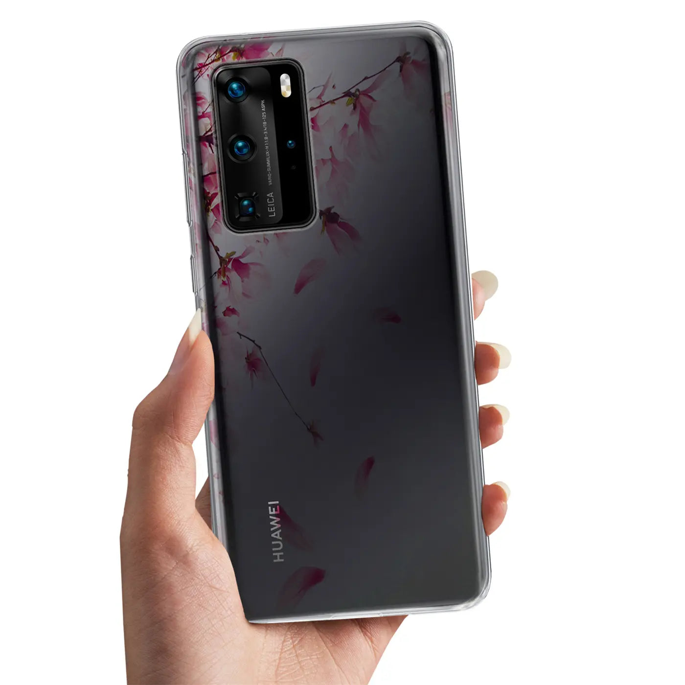 Transparente TPU-Hülle mit rosa Blütenmotiv für Huawei P40 Pro, von vorne gehalten.
