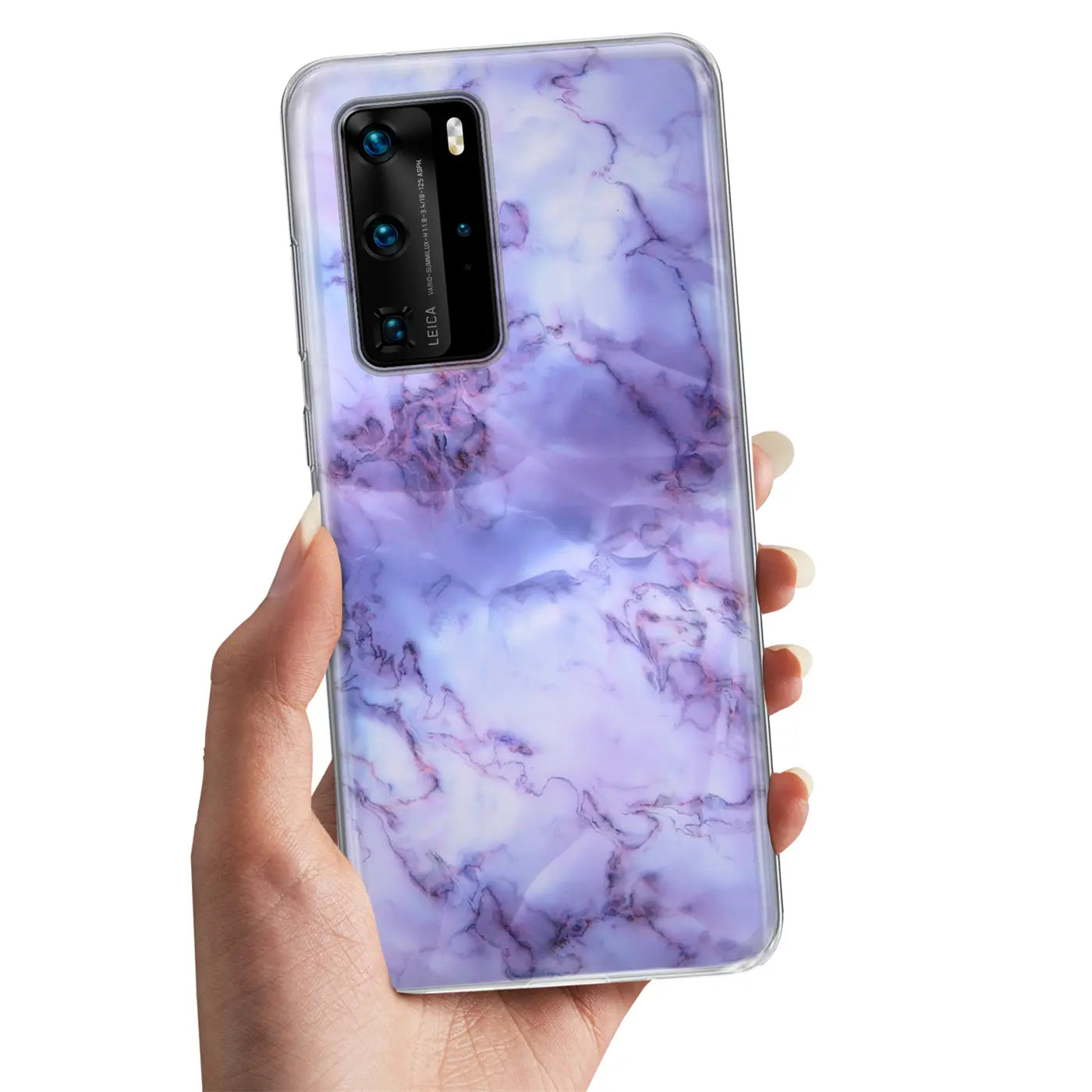 Lila Marmor-TPU-Hülle auf Huawei P40 Pro, von vorne gehalten