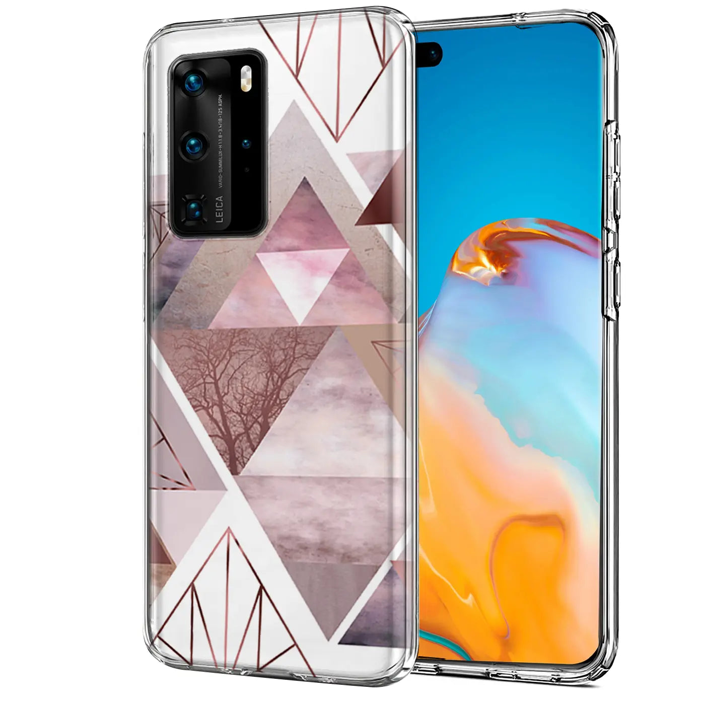 Huawei P40 Pro Hülle, transparentes TPU, geometrisches Muster, Rosa/Grau, Vorder-/Seitenansicht
