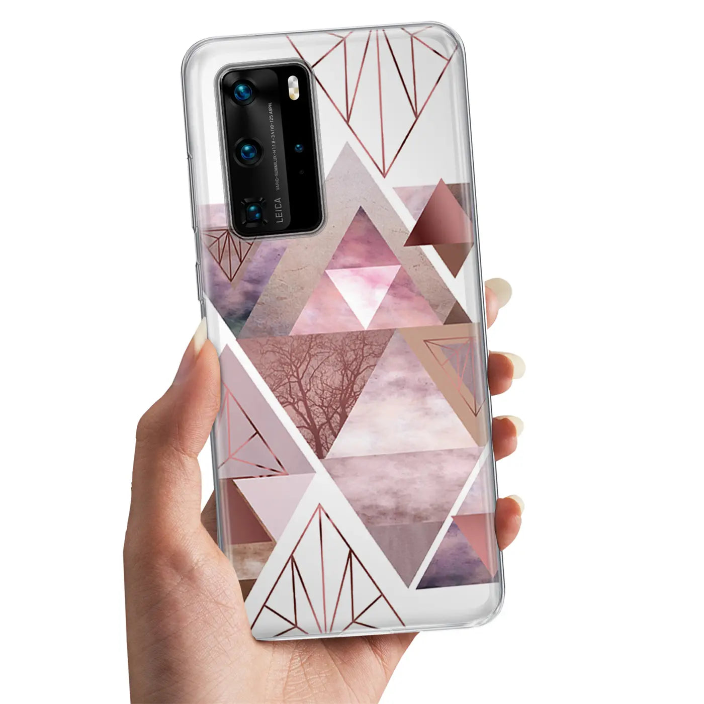 TPU Hülle mit geometrischem Muster in Rosa/Kupfer, Huawei P40 Pro, von vorne gehalten.