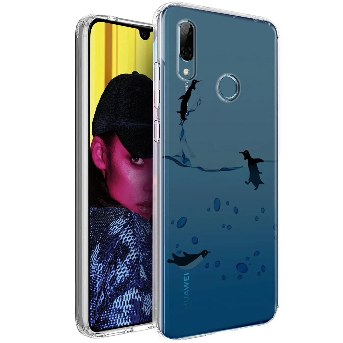 Transparente TPU-Hülle für Huawei P Smart 2019, Rückseite mit blauem Pinguin-Motiv, schräg von vorne.