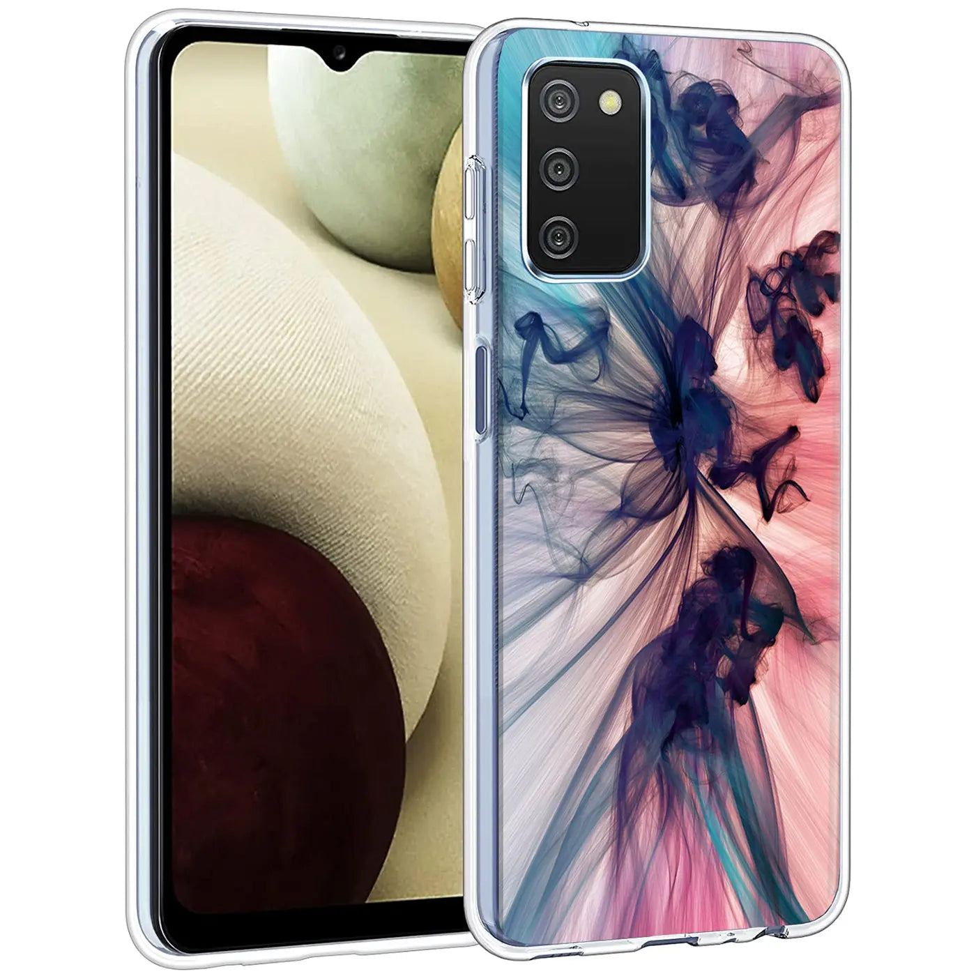 Samsung Galaxy A02S Hülle aus transparentem TPU mit blau-pinkem Rauchmotiv, von vorne gezeigt.