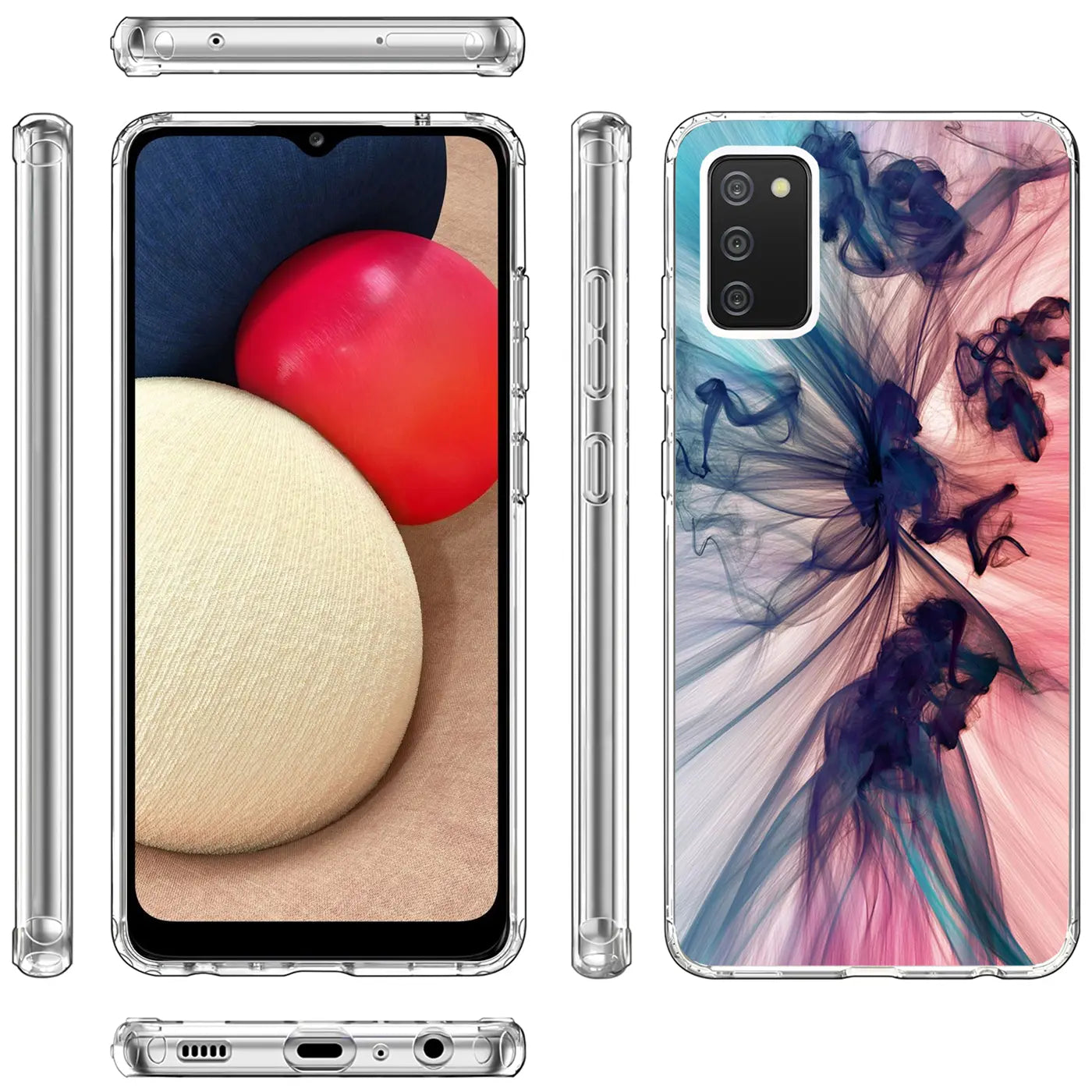 Samsung Galaxy A02S Hülle aus transparentem TPU mit abstraktem Motiv, verschiedene Ansichten