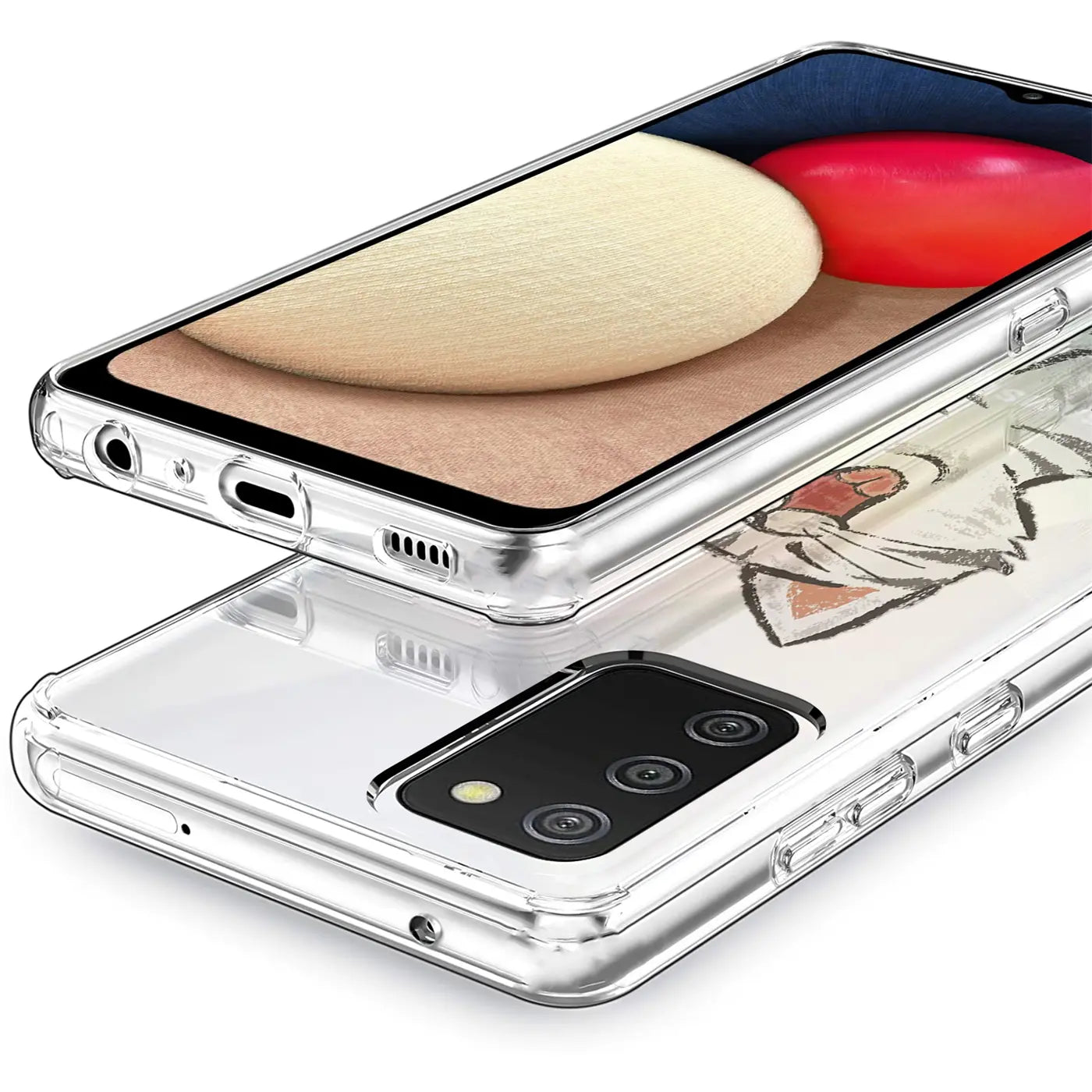 Samsung Galaxy A02S in transparenter TPU-Hülle mit Katzenmotiv, Seitenansicht.