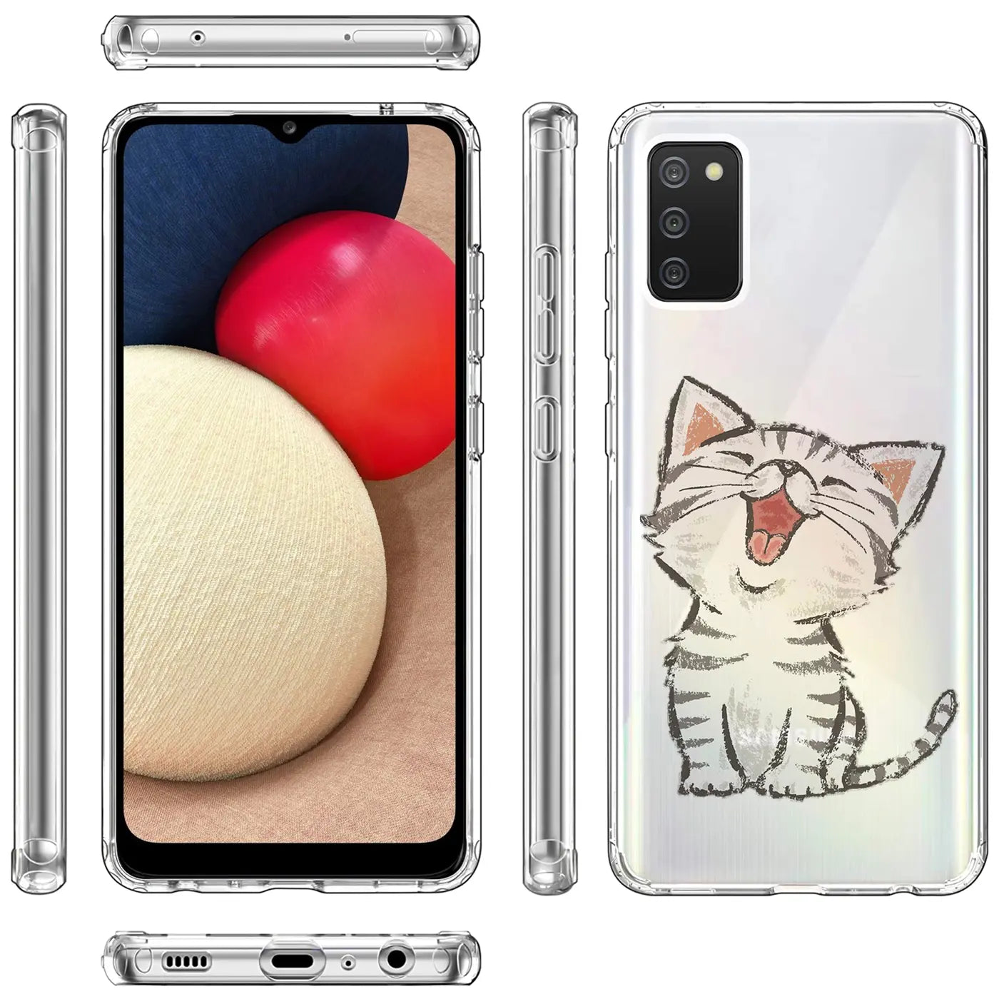 Transparente TPU-Hülle mit Katzenmotiv für Samsung Galaxy A02S, Ansichten von vorne, Seite, Rückseite.