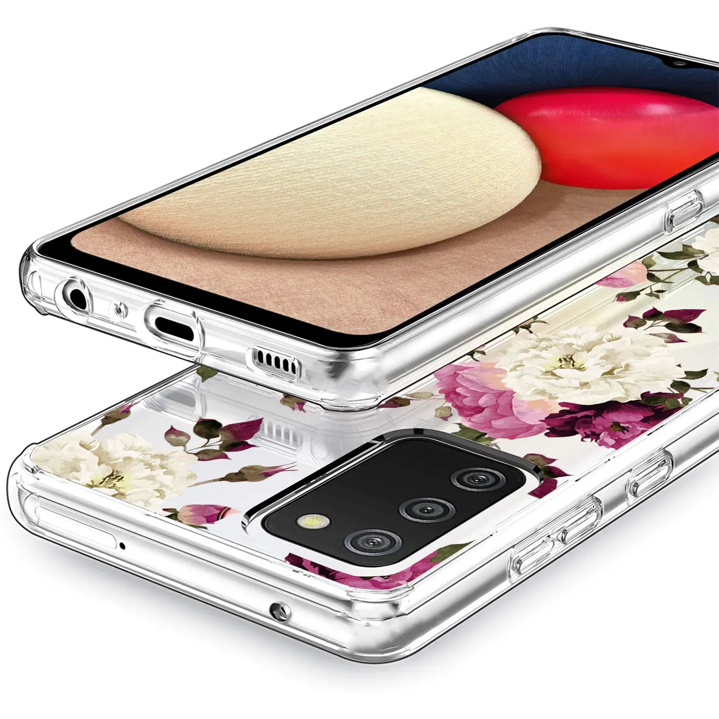 Samsung Galaxy A02S Hülle, transparentes TPU, Blumenmuster, von schräg oben