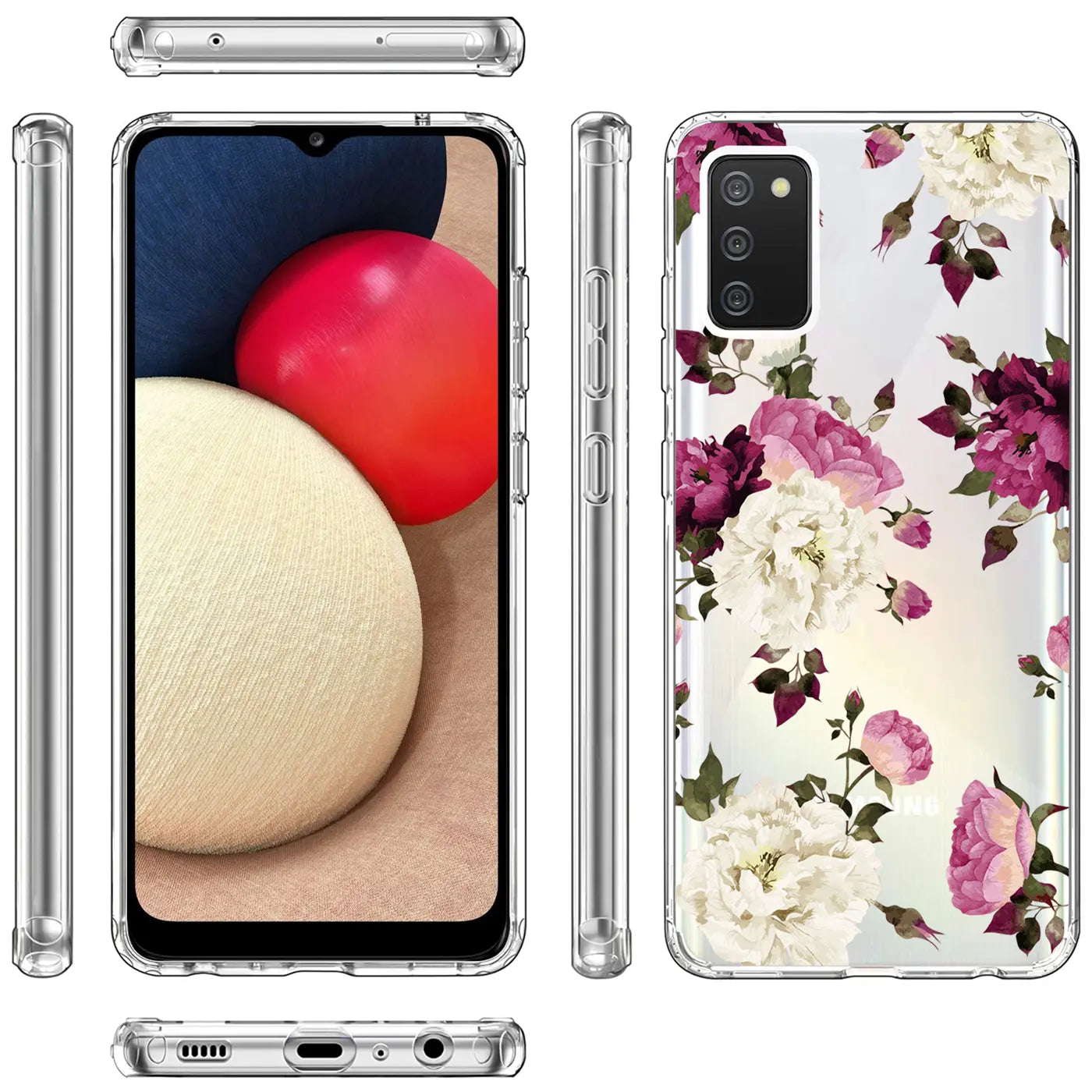 Samsung Galaxy A02S Hülle aus transparentem TPU mit Blumenmuster, Seitenansicht