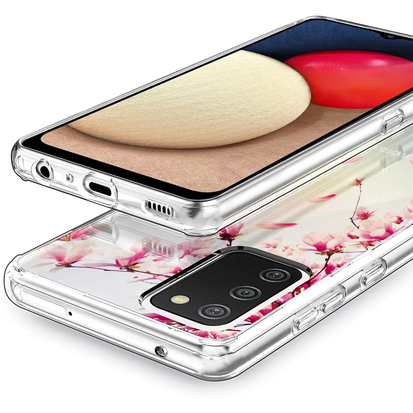 Samsung Galaxy A02S Hülle, transparentes TPU, Motiv Kirschblüten, von oben