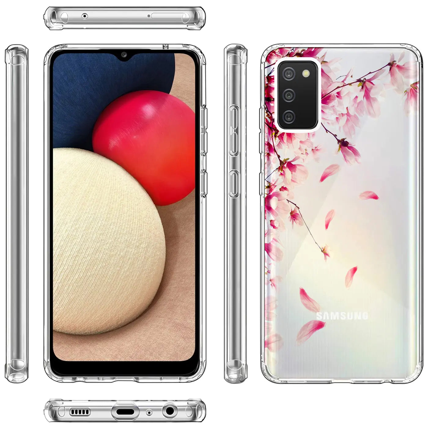 Transparente TPU-Hülle mit rosa Blütenmotiv für Samsung Galaxy A02S, Rückansicht