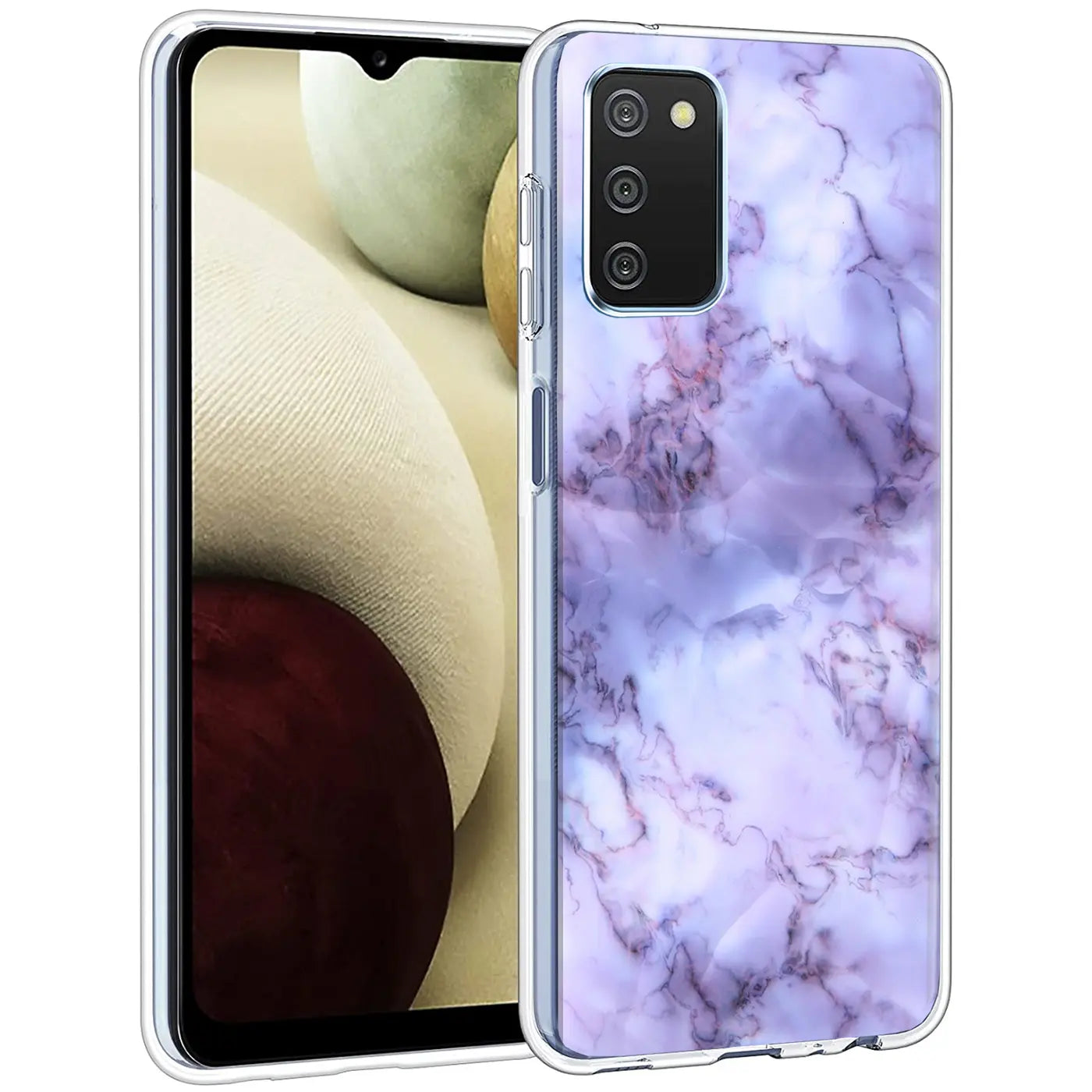 Samsung Galaxy A02S Hülle, lila Marmor-Muster, TPU, Vorderansicht