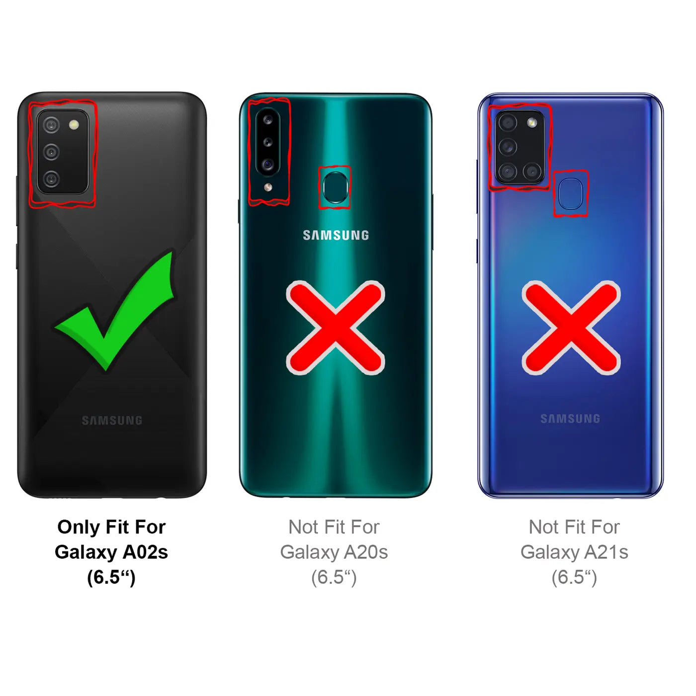 Rückseite von drei Samsung Handys, eines mit Häkchen, zwei mit Kreuzen.