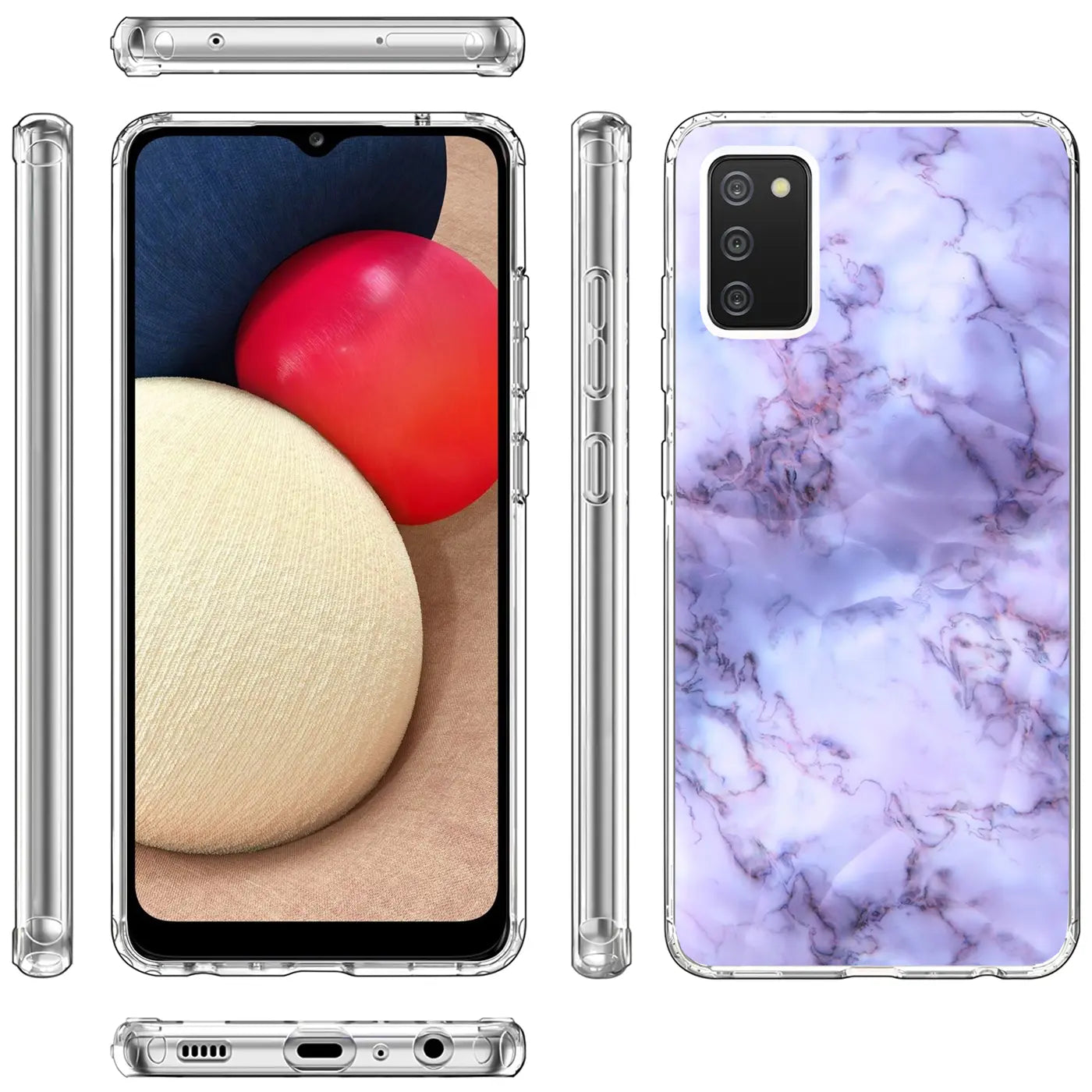 Samsung Galaxy A02S Hülle aus transparentem TPU mit Marmormuster, verschiedene Ansichten