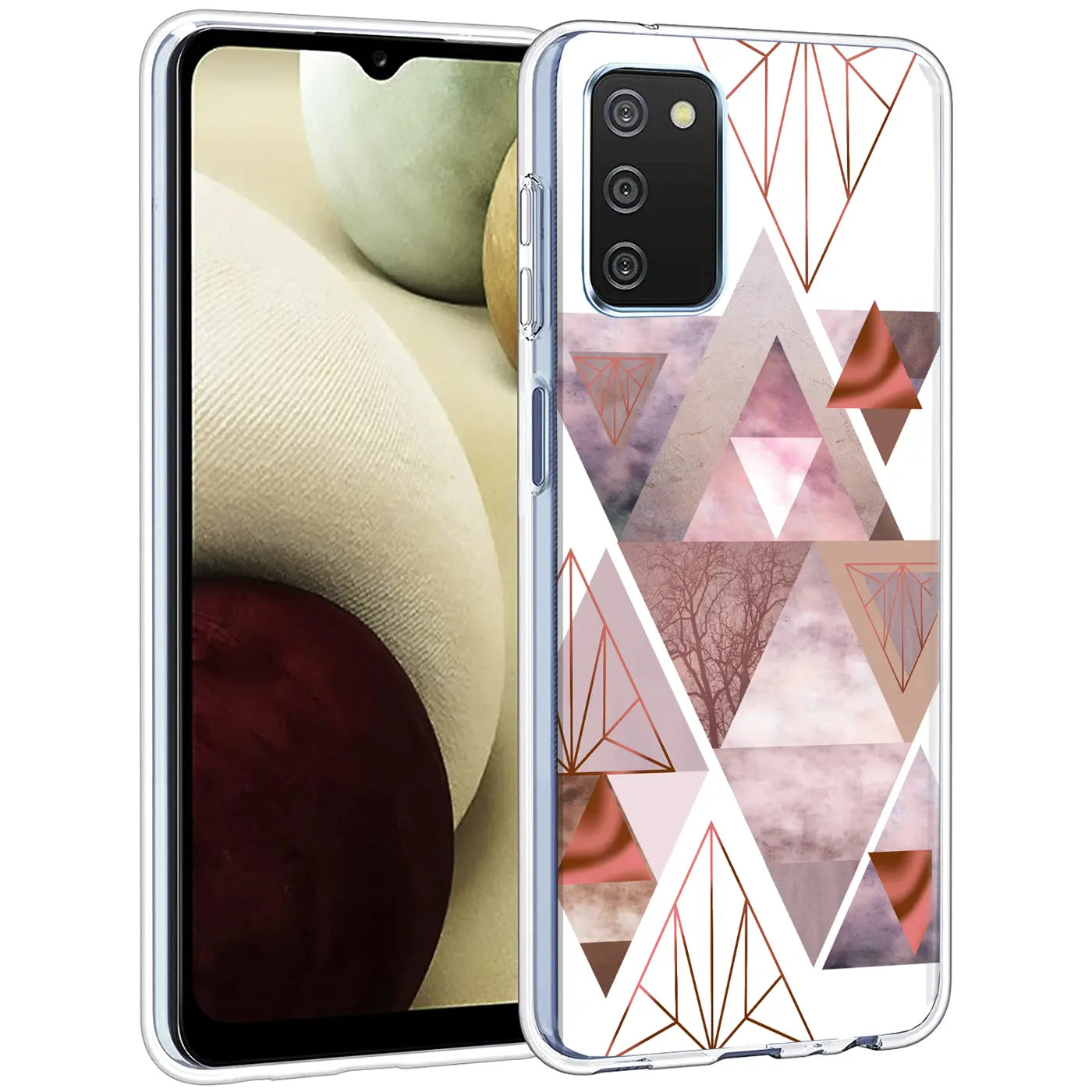 Samsung Galaxy A02S mit transparenter TPU-Hülle, geometrisches Muster, rosa/kupfer, Vorderansicht