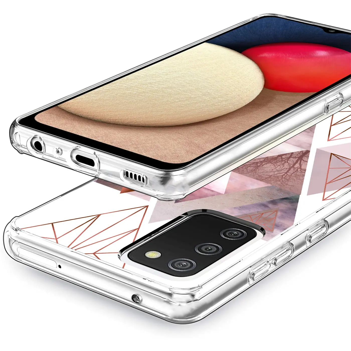 Samsung Galaxy A02S Hülle, transparentes TPU, rosa geometrisches Muster, von oben/seitlich