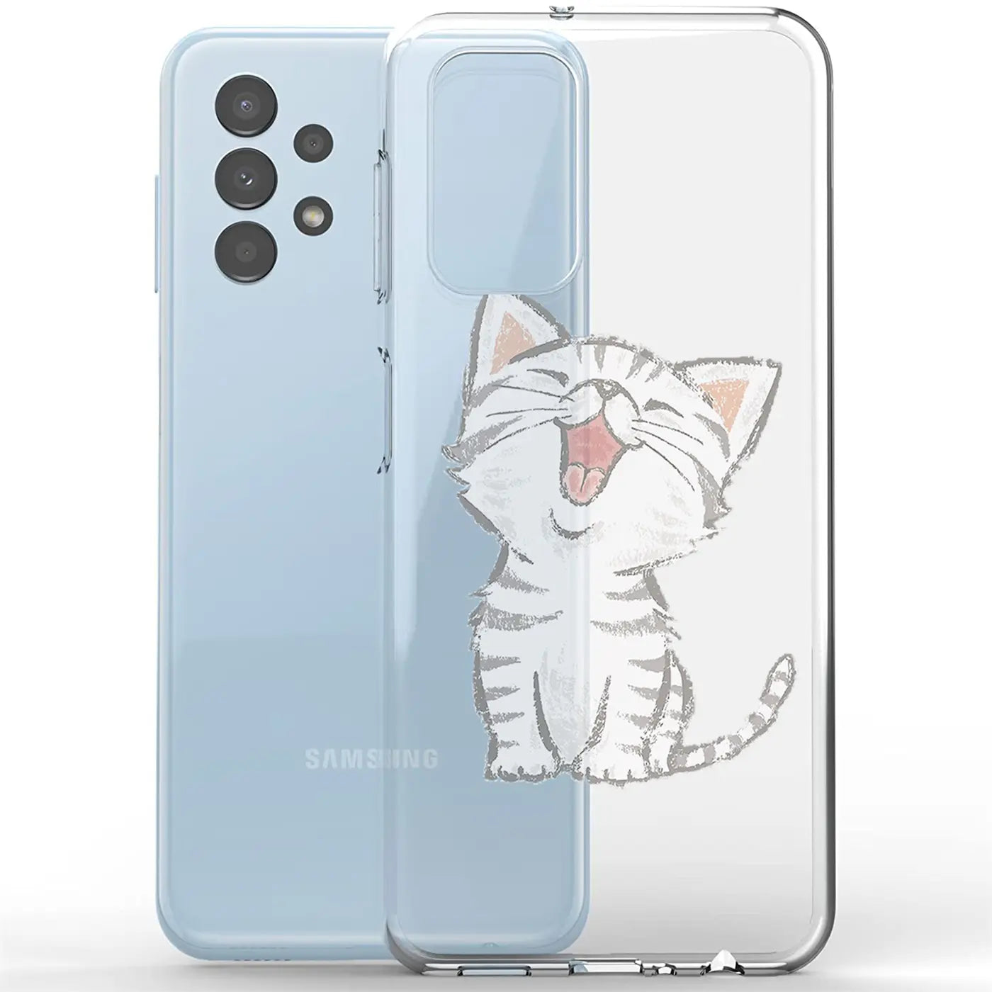 Samsung Galaxy A13 4G mit transparenter TPU-Hülle, Motiv: lachende Katze, Vorderansicht