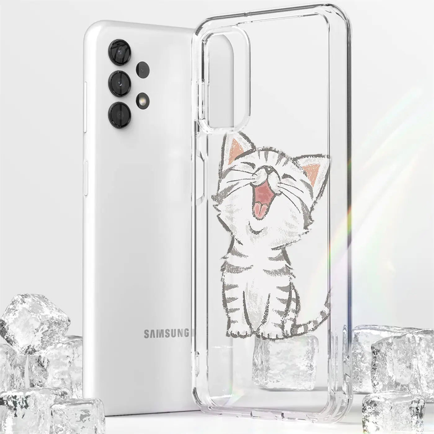 Samsung Galaxy A13 4G, transparente TPU-Hülle mit Katzenmotiv, von vorne/seitlich