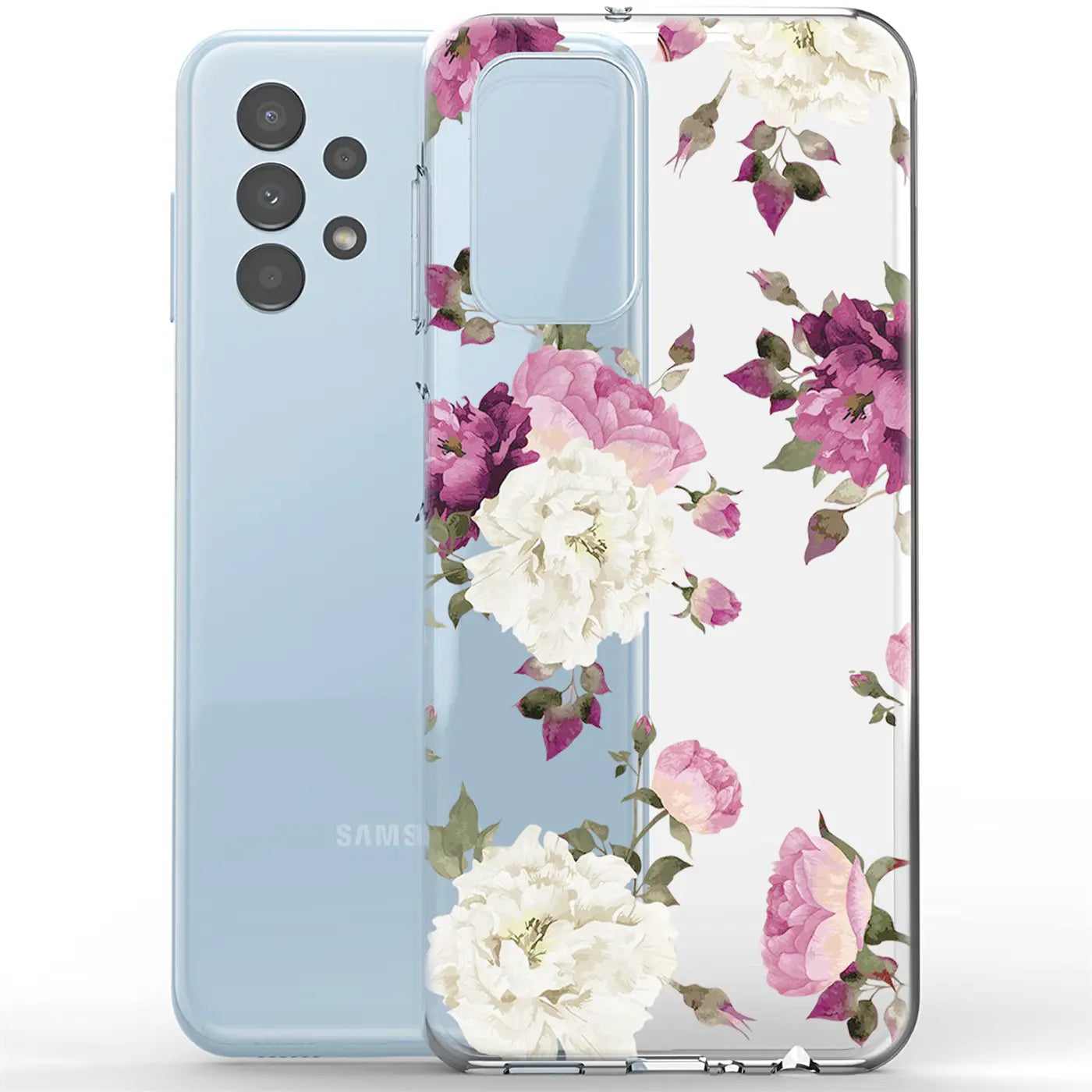Samsung Galaxy A13 4G mit transparenter TPU-Hülle mit Blumenmuster, Vorderansicht