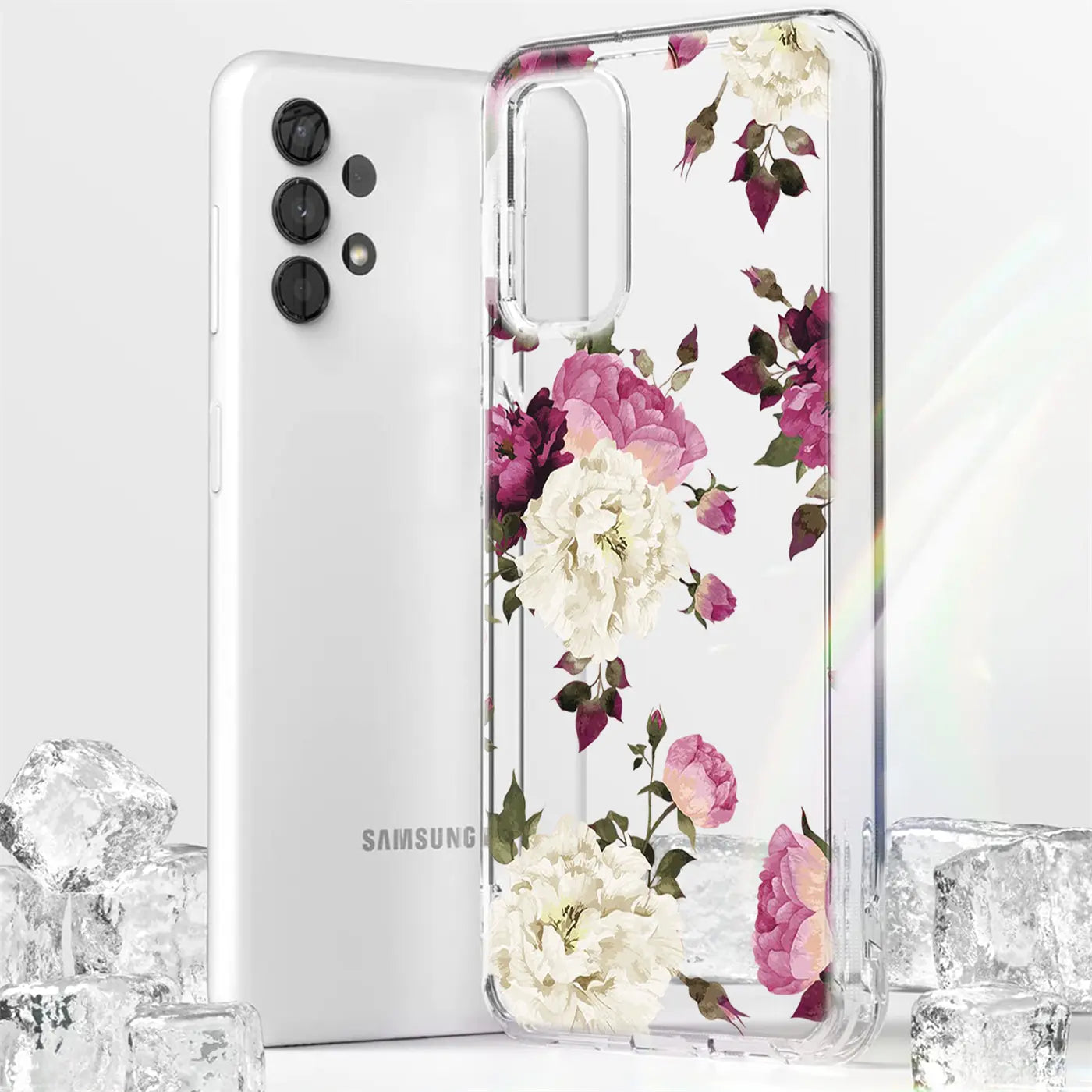 Samsung Galaxy A13 4G mit transparenter TPU-Hülle mit Blumenmuster, von vorne links betrachtet.