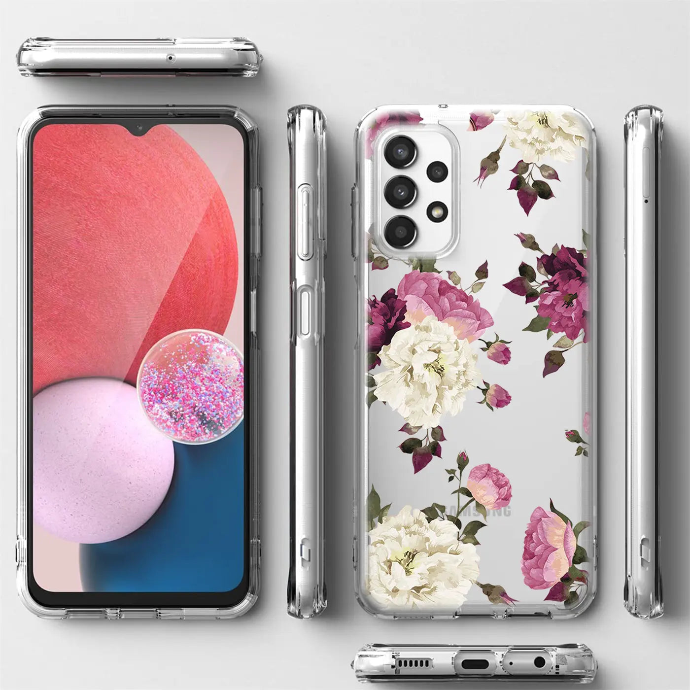 Transparente TPU-Hülle mit Blumenmuster für Samsung Galaxy A13 4G, Vorder- und Rückansicht.