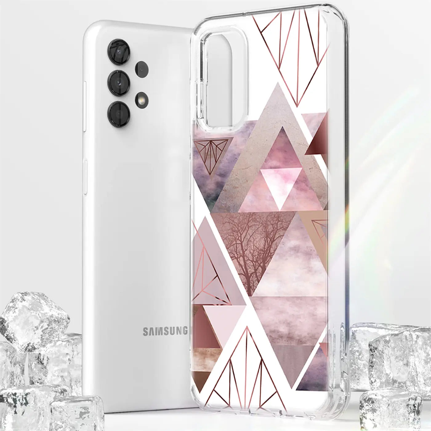 Samsung Galaxy A13 4G mit transparenter TPU-Hülle, geometrisches Motiv, von vorne links