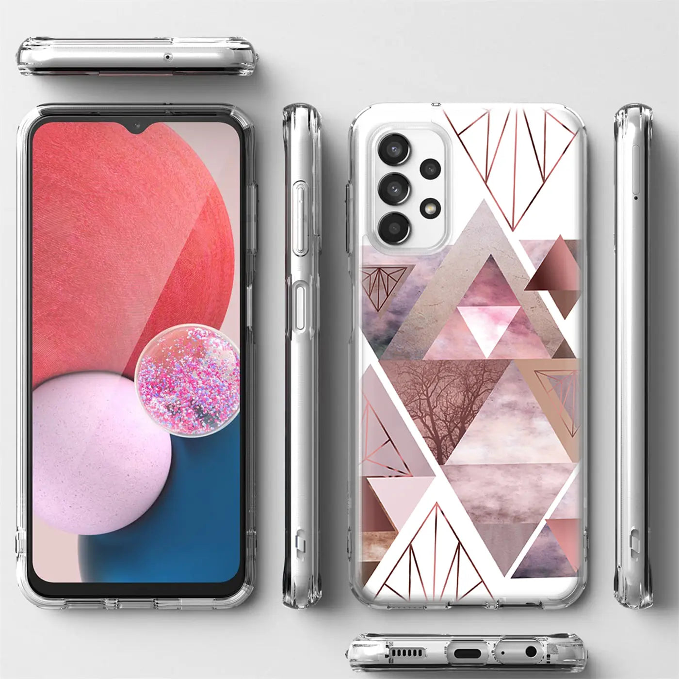Samsung Galaxy A13 4G Hülle, TPU, geometrisches Muster, rosa/grau, Vorder- und Rückansicht