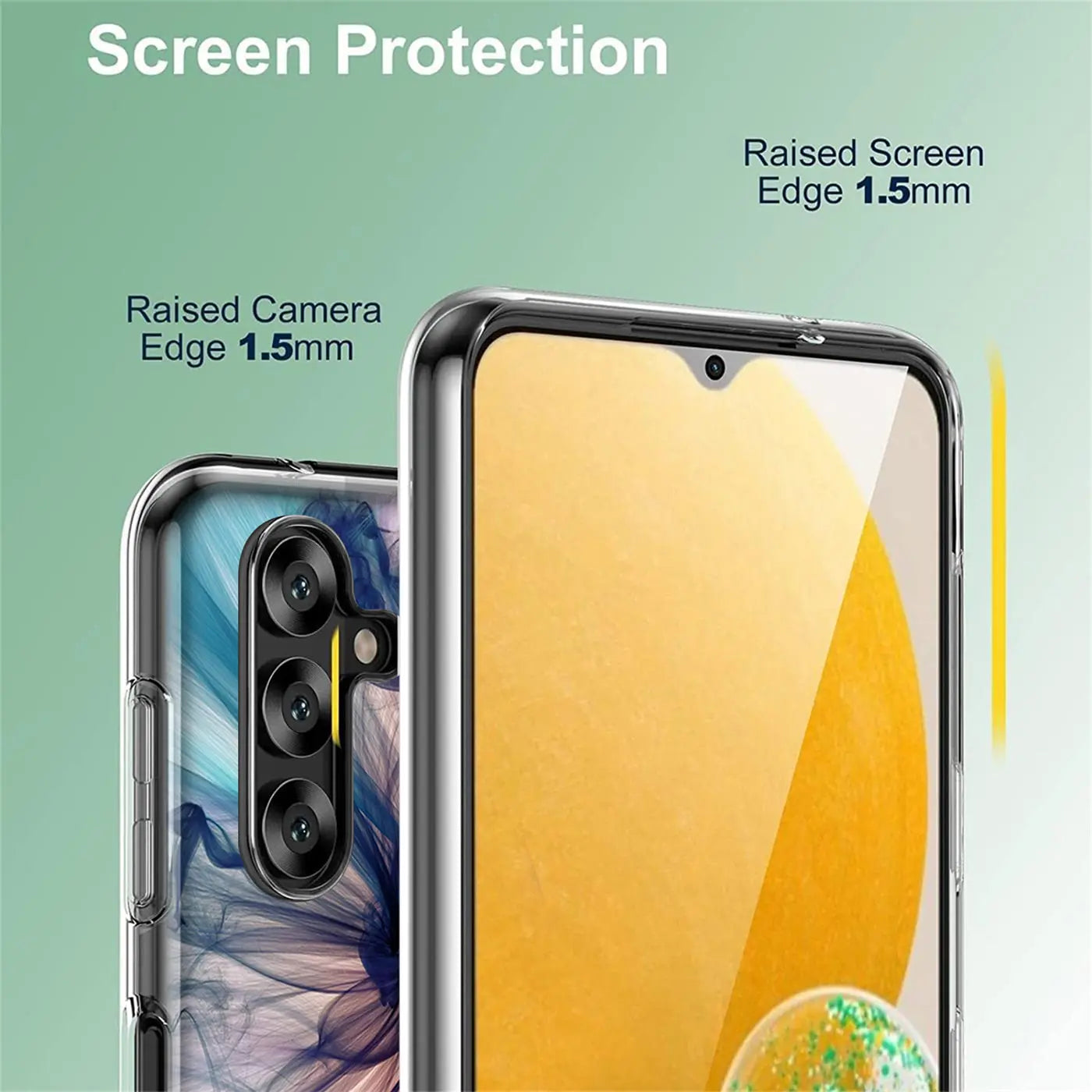 Transparente TPU-Hülle mit Motivdruck, zeigt Samsung Galaxy A13 5G/A04s, Nahaufnahme.