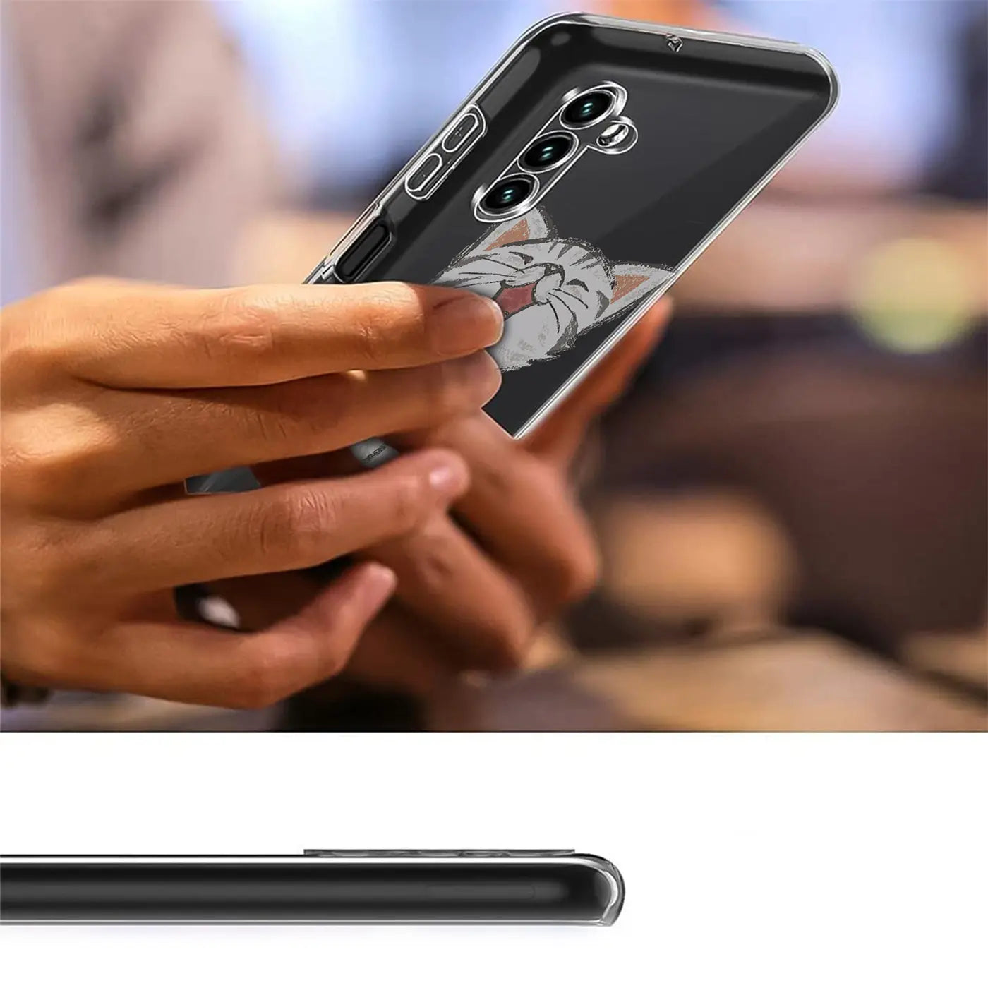 Transparente TPU-Hülle mit Katzenmotiv, von vorne, auf einem Samsung Galaxy A13 5G / A04s.