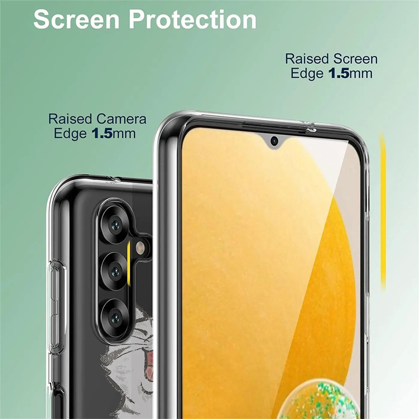 Transparente TPU-Hülle mit Katzenmotiv, zeigt Rückseite und Vorderseite eines Samsung Galaxy A13 5G.